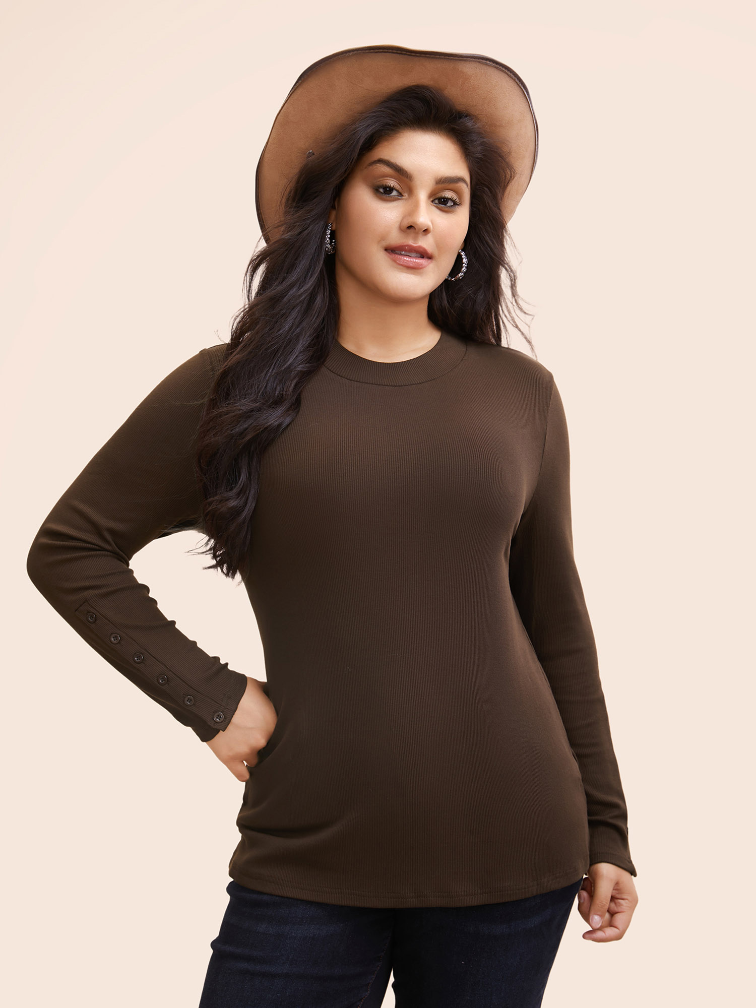 

Plus Size Adjustable Sleeves Rodeo Slim-Fit T-shirt DarkBrown Women Casual Texture Mock Neck Skinny Everyday T-shirts BloomChic