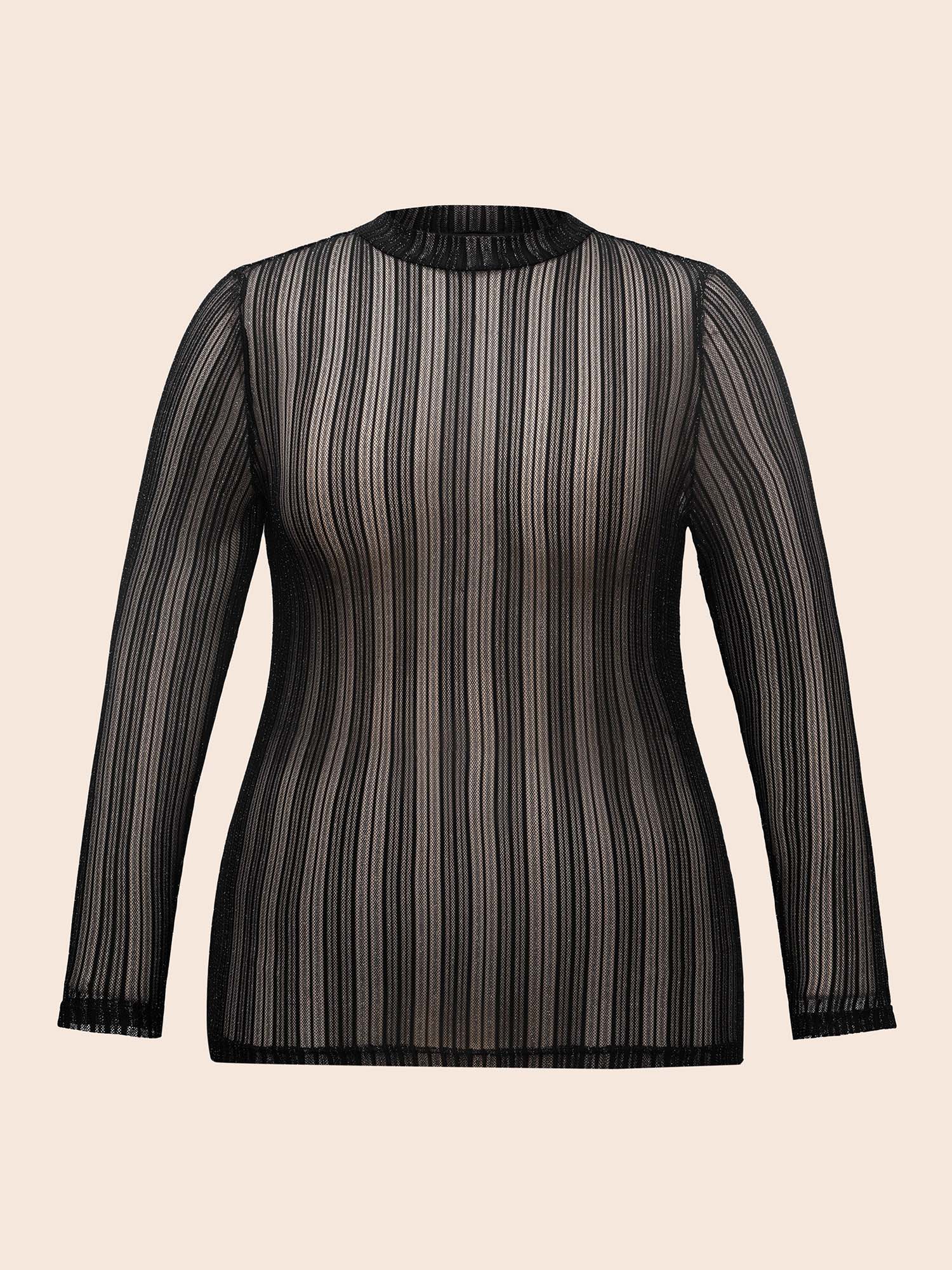 

Plus Size Glitter Mesh Mock Neck T-shirt Black Mock Neck Long Sleeve Elegant Jersey Tops