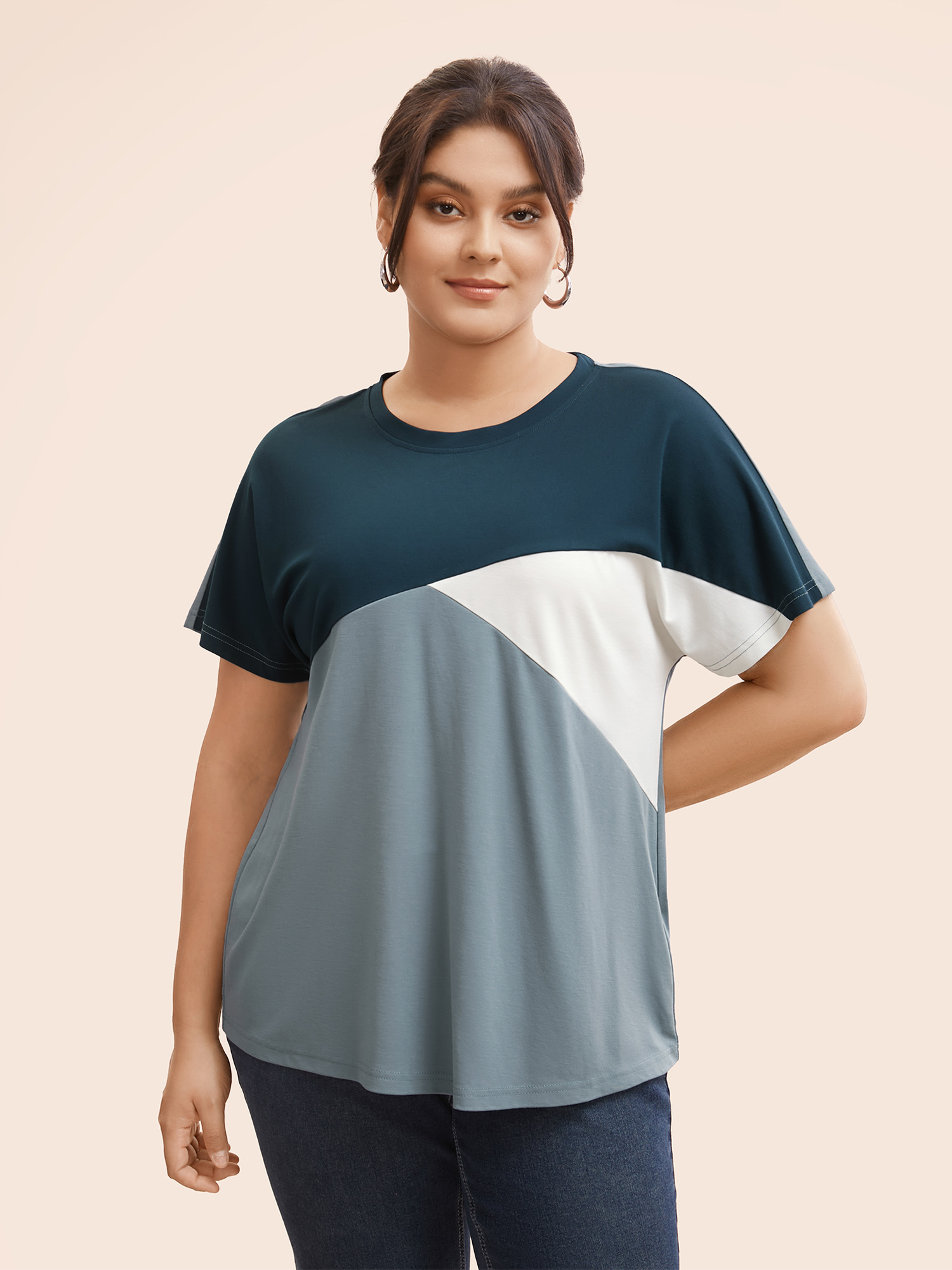 

Plus Size Round Neck Colorblock Contrast Patchwork T-shirt Aegean Women Casual Contrast Round Neck Everyday T-shirts BloomChic