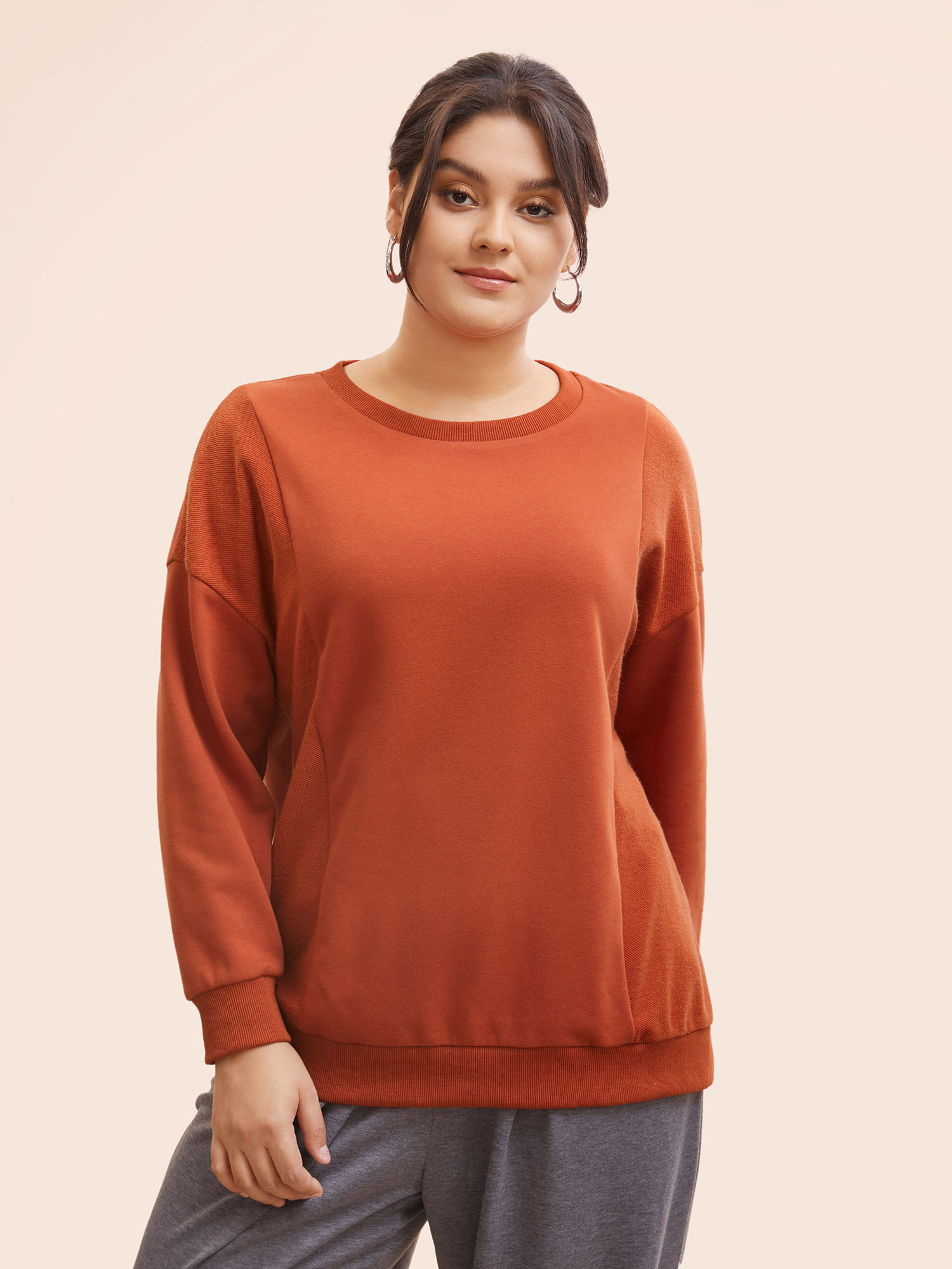 Plus Size Round Neck Patchwork Drop Shoulder Sweatshirt Women Rust Casual Patchwork Round Neck Everyday Sweatshirts BloomChic 22-24/3X 