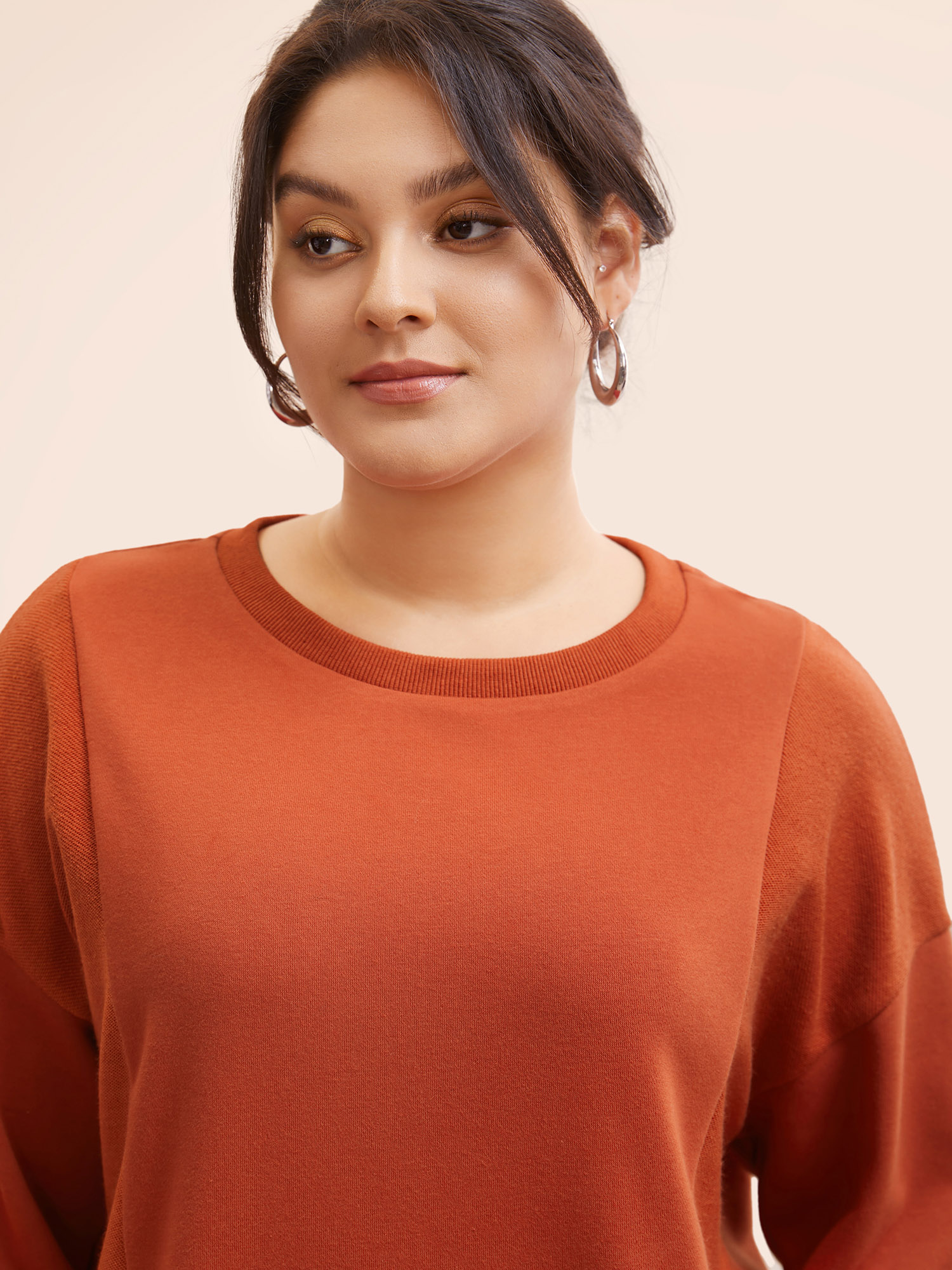 Plus Size Round Neck Patchwork Drop Shoulder Sweatshirt Women Rust Casual Patchwork Round Neck Everyday Sweatshirts BloomChic 22-24/3X 