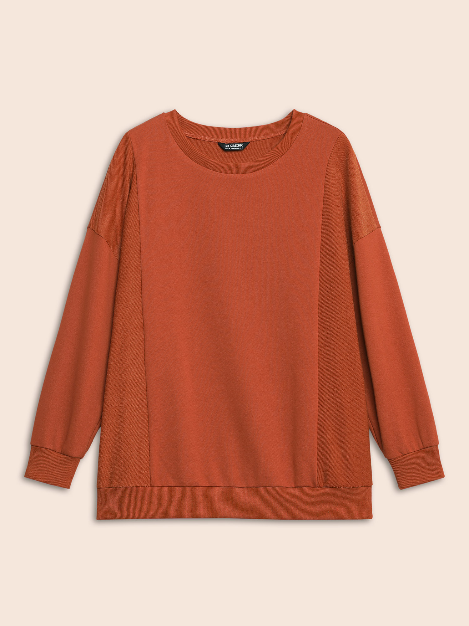 Plus Size Round Neck Patchwork Drop Shoulder Sweatshirt Women Rust Casual Patchwork Round Neck Everyday Sweatshirts BloomChic 22-24/3X 