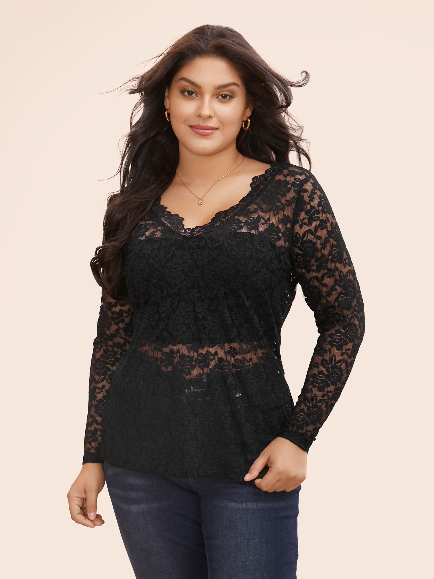 

V Neck Lace Panel Mesh T-shirt, Black