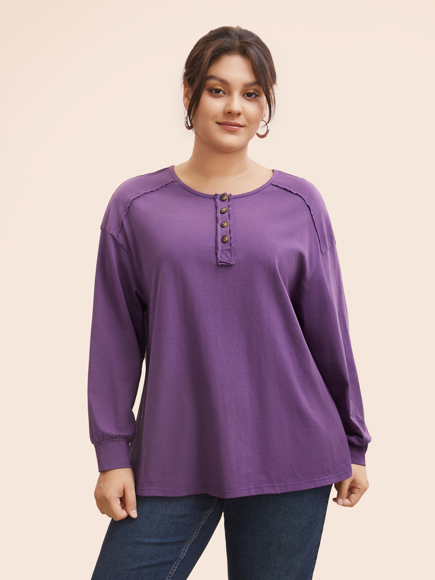 

Plus Size Vintage Button Up Drop Shoulder T-shirt Deeppurple Women Casual Button Round Neck Everyday T-shirts BloomChic