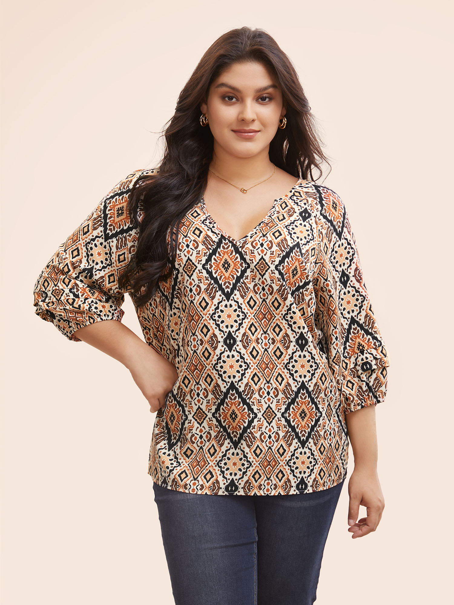 Plus Size Browncoffeecolor Bandana Geometric Pleated Lantern Sleeve Blouse Women Elegant Elbow-length sleeve V-neck Everyday Blouses BloomChic 14-16/1X 
