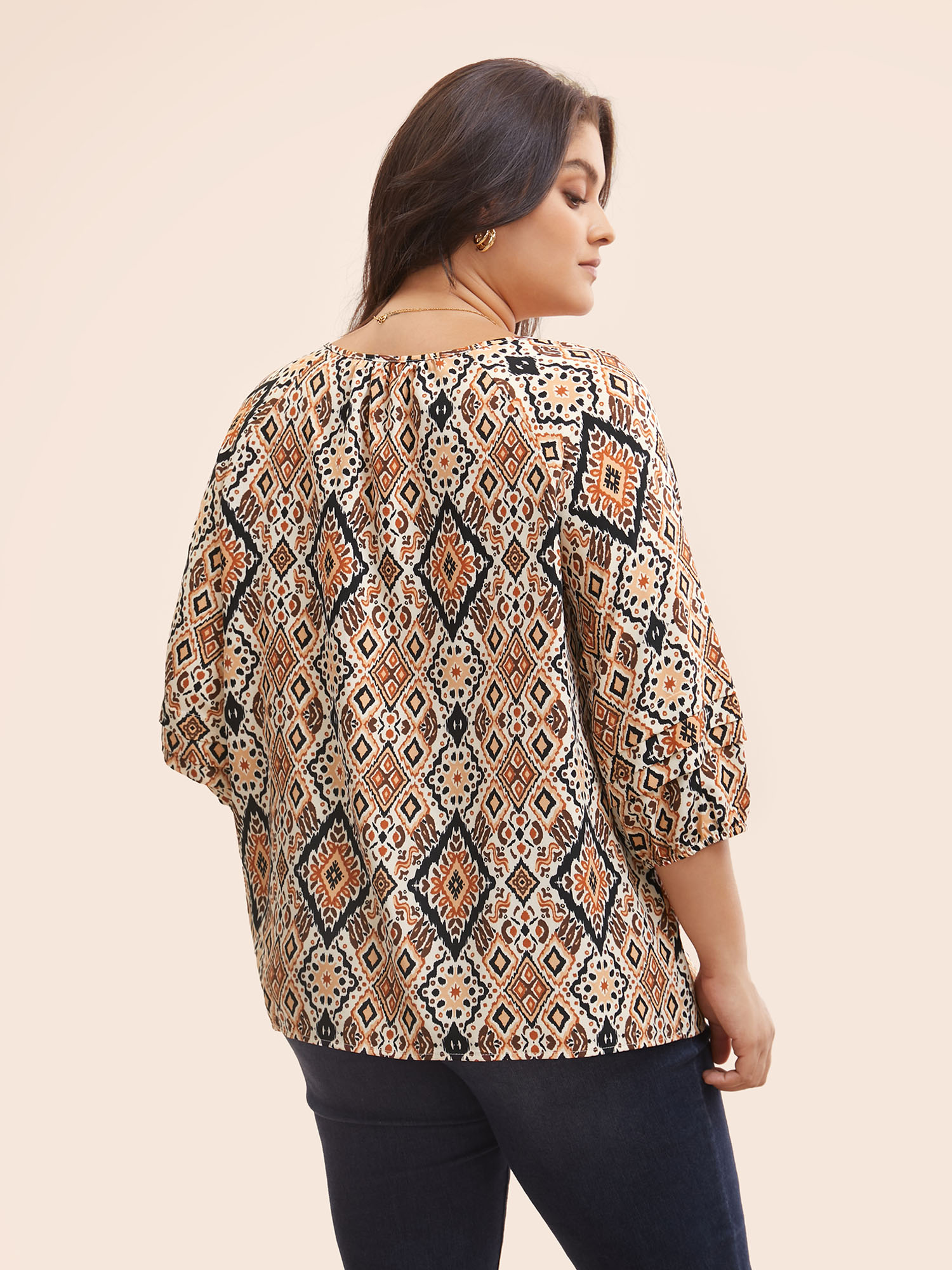 Plus Size Browncoffeecolor Bandana Geometric Pleated Lantern Sleeve Blouse Women Elegant Elbow-length sleeve V-neck Everyday Blouses BloomChic 14-16/1X 