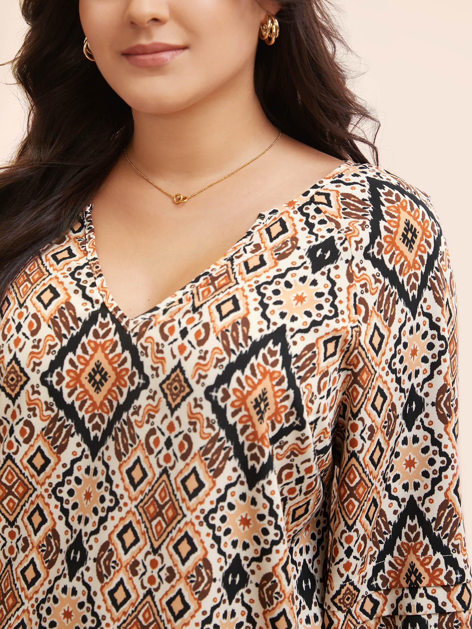 Plus Size Browncoffeecolor Bandana Geometric Pleated Lantern Sleeve Blouse Women Elegant Elbow-length sleeve V-neck Everyday Blouses BloomChic 14-16/1X 