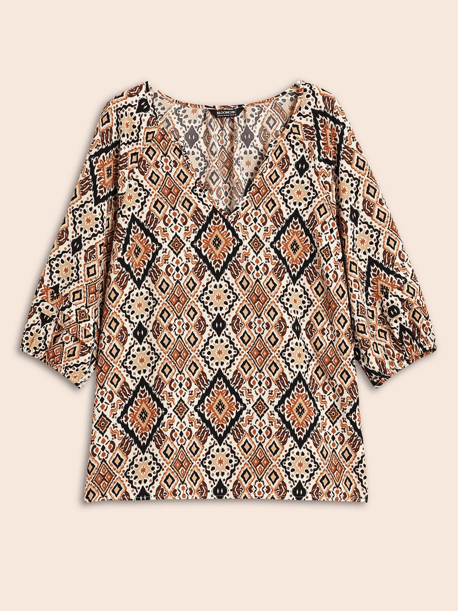 Plus Size Browncoffeecolor Bandana Geometric Pleated Lantern Sleeve Blouse Women Elegant Elbow-length sleeve V-neck Everyday Blouses BloomChic 14-16/1X 