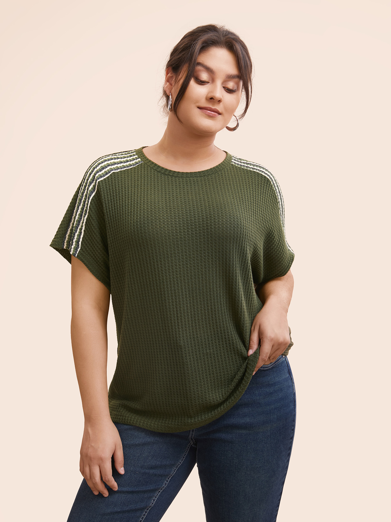 

Plus Size Striped Waffle Knit Patchwork T-shirt ArmyGreen Women Casual Texture Round Neck Everyday T-shirts BloomChic