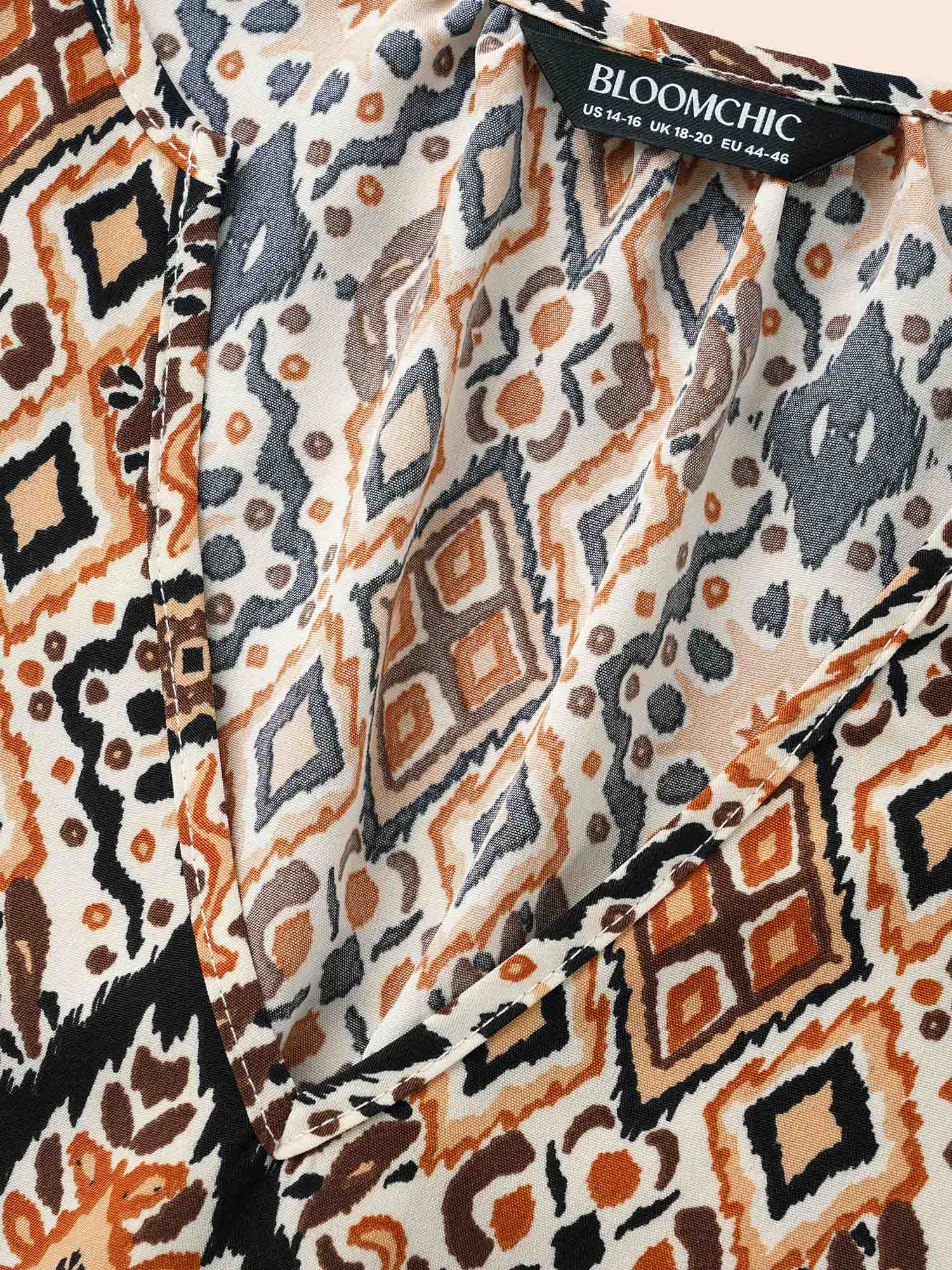 Plus Size Browncoffeecolor Bandana Geometric Pleated Lantern Sleeve Blouse Women Elegant Elbow-length sleeve V-neck Everyday Blouses BloomChic 14-16/1X 