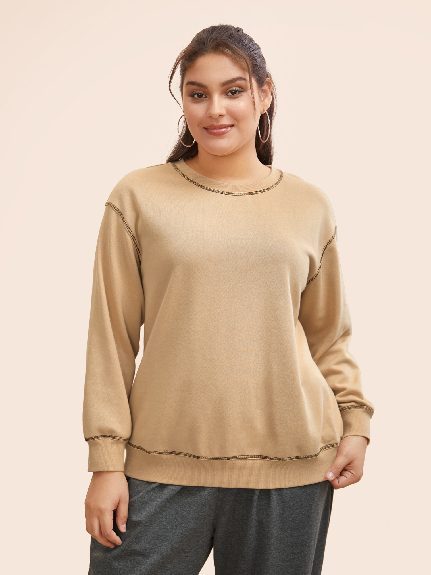 

Plus Size Round Neck Topstitching Patchwork Sweatshirt Women Champagne Casual Topstitching Round Neck Everyday Sweatshirts BloomChic