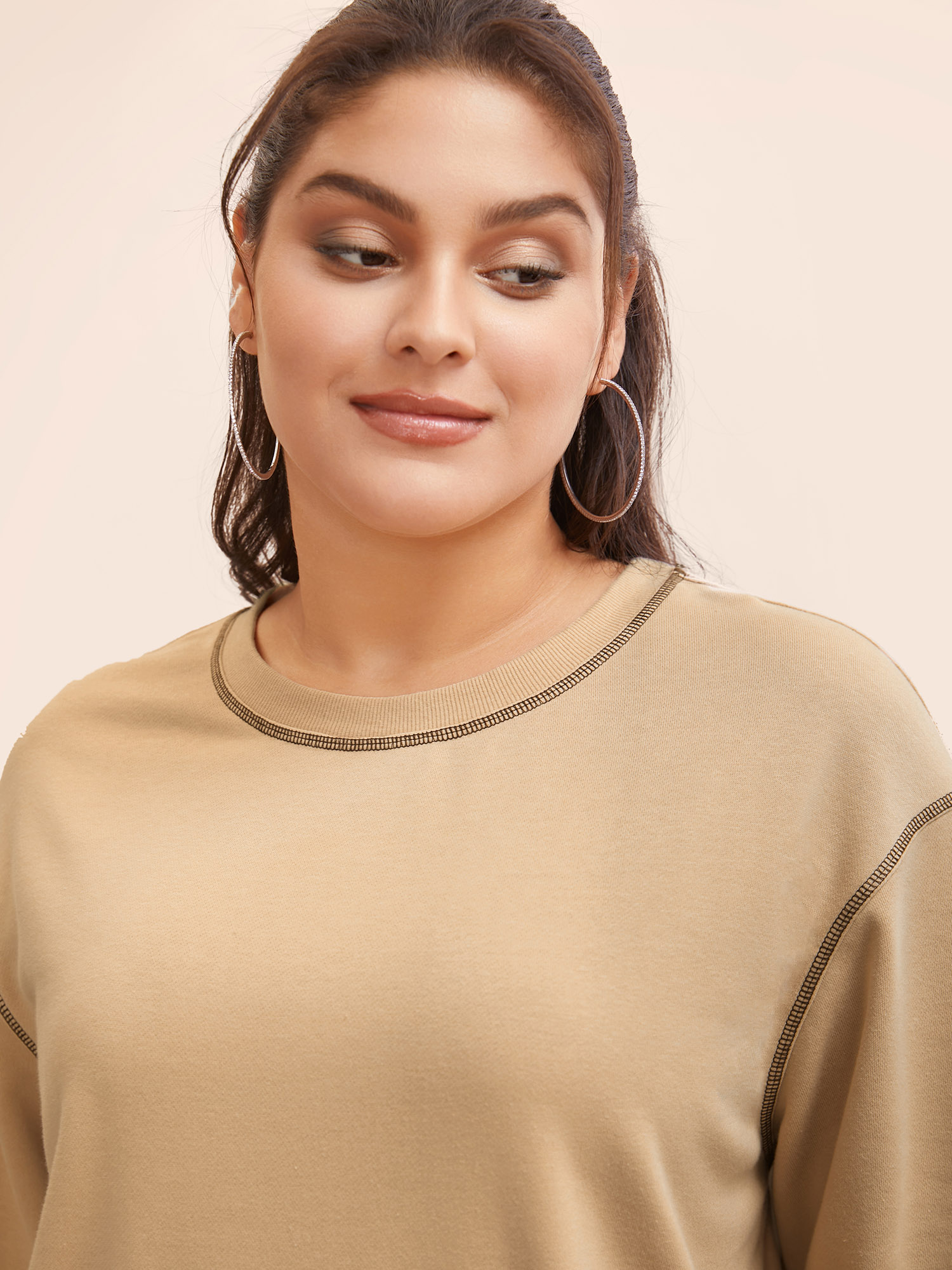 Plus Size Round Neck Topstitching Patchwork Sweatshirt Women Champagne Casual Topstitching Round Neck Everyday Sweatshirts BloomChic 28/5X 