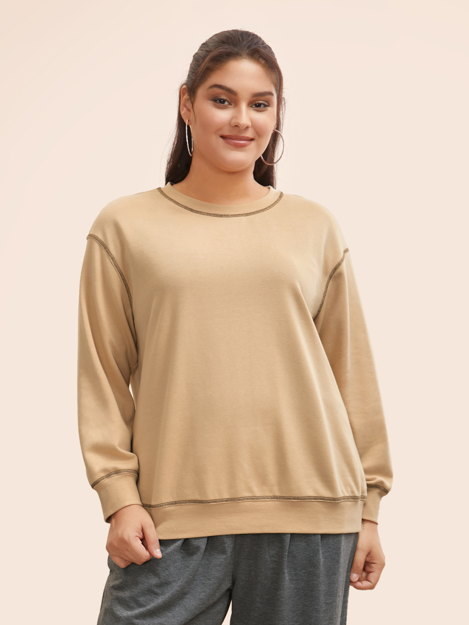 Plus Size Round Neck Topstitching Patchwork Sweatshirt Women Champagne Casual Topstitching Round Neck Everyday Sweatshirts BloomChic 28/5X 