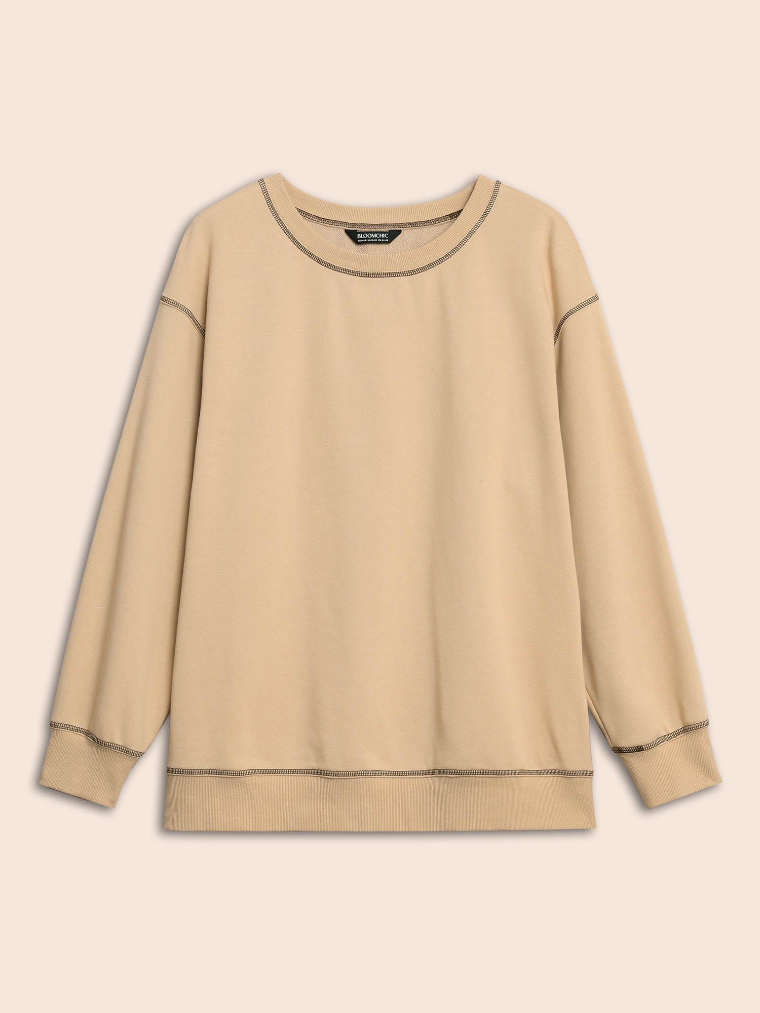 Plus Size Round Neck Topstitching Patchwork Sweatshirt Women Champagne Casual Topstitching Round Neck Everyday Sweatshirts BloomChic 28/5X 