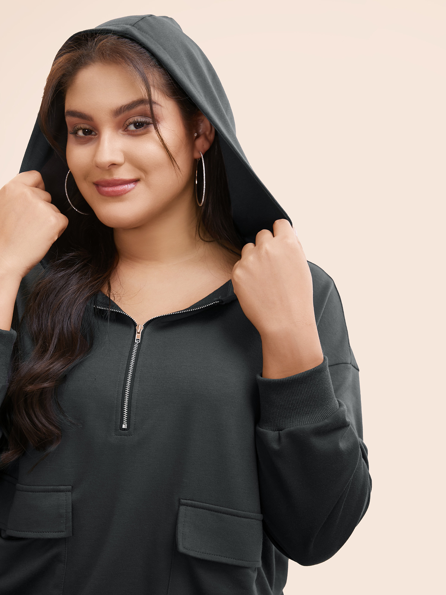 Plus Size Half Zip Hooded Pocket Sweatshirt Women DimGray Casual Patchwork Hooded Everyday Sweatshirts BloomChic 30/6X 