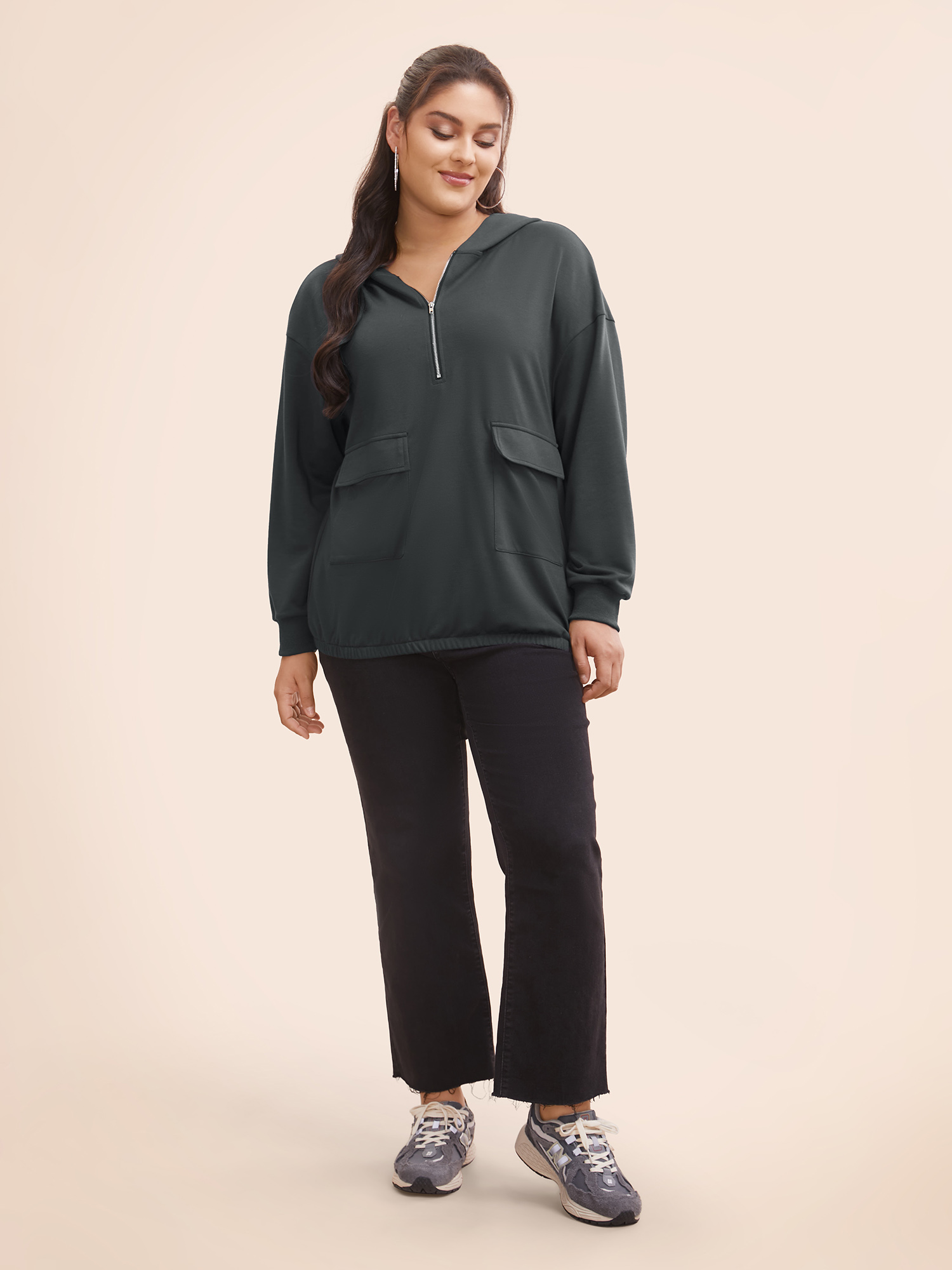 Plus Size Half Zip Hooded Pocket Sweatshirt Women DimGray Casual Patchwork Hooded Everyday Sweatshirts BloomChic 30/6X 