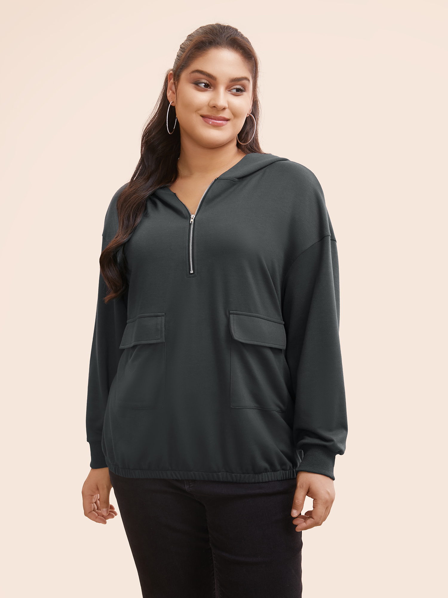Plus Size Half Zip Hooded Pocket Sweatshirt Women DimGray Casual Patchwork Hooded Everyday Sweatshirts BloomChic 30/6X 