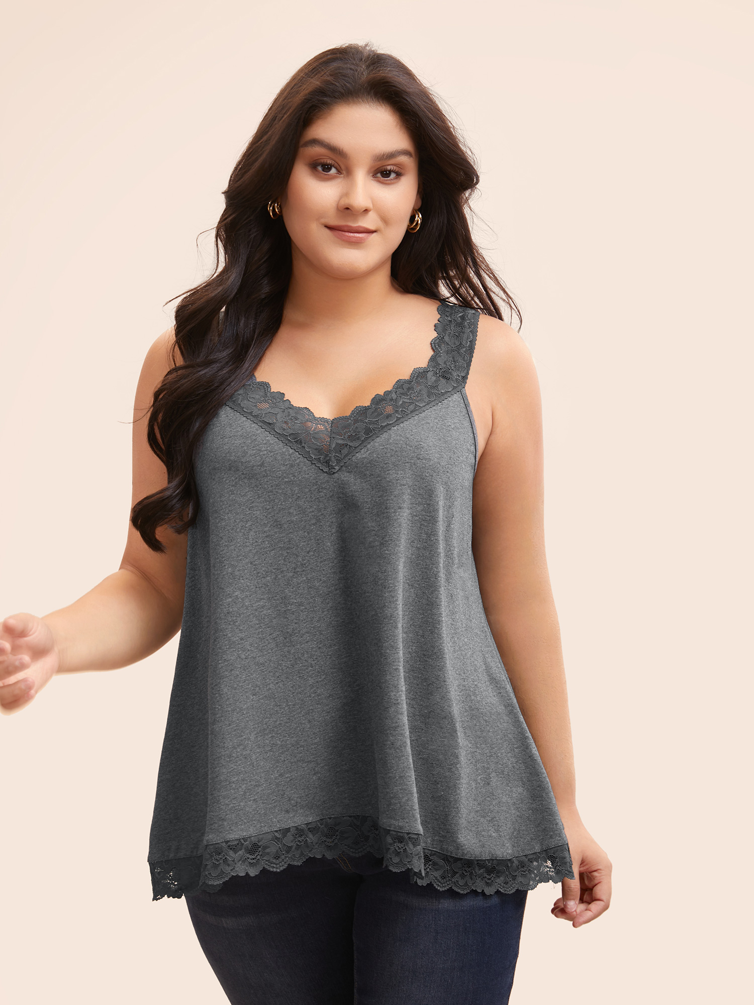 

Plus Size Cotton Crochet Lace Deep V Neck Cami Top Women DimGray Elegant Patchwork Deep V-neck Everyday Tank Tops Camis BloomChic