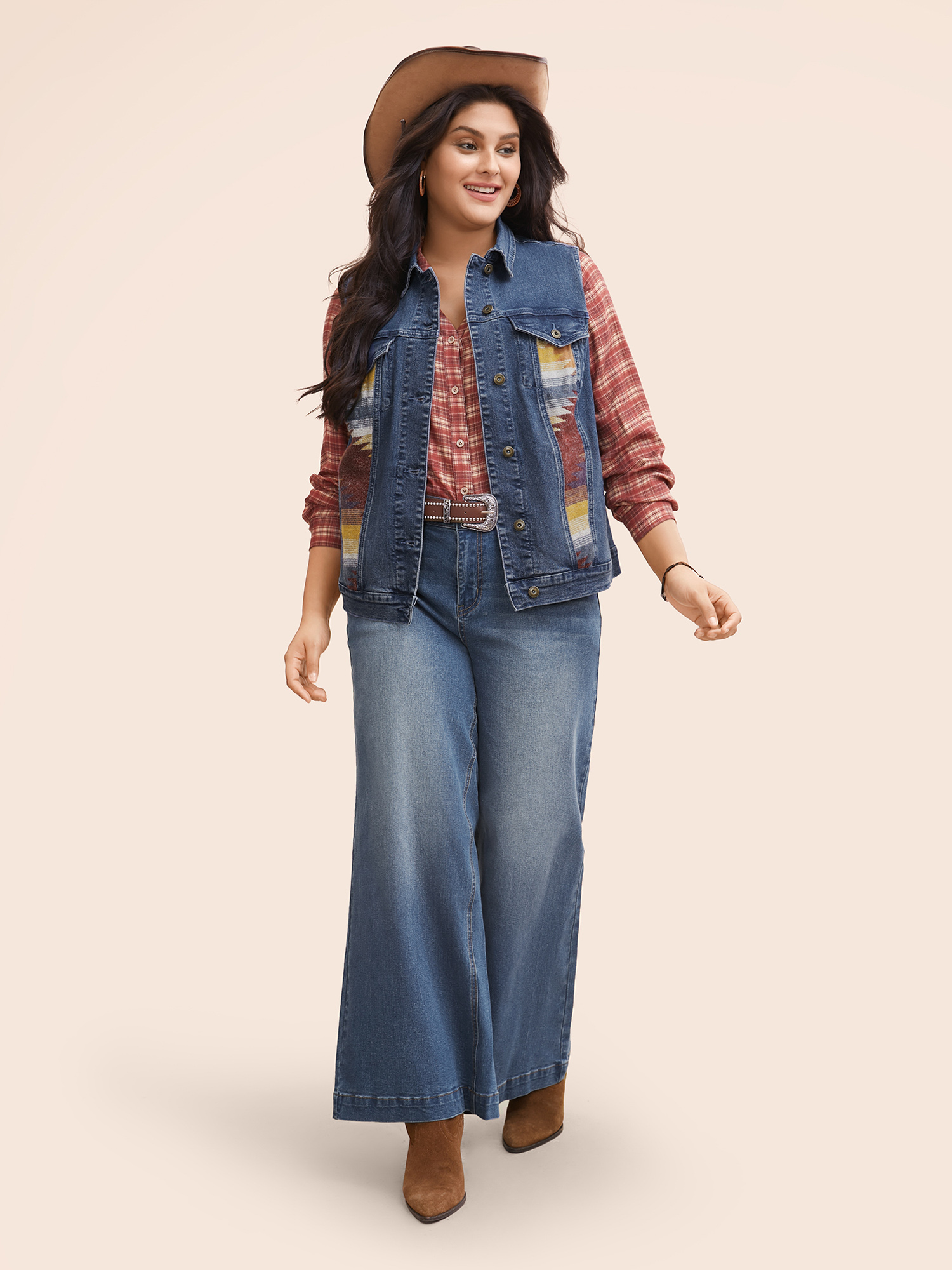 Women Stretch Denim Geometric Spilcing Pocket Jacket Midblue Plus Size Contrast Everyday Slanted pocket Elegant Denim Jackets BloomChic 18-20/2X 