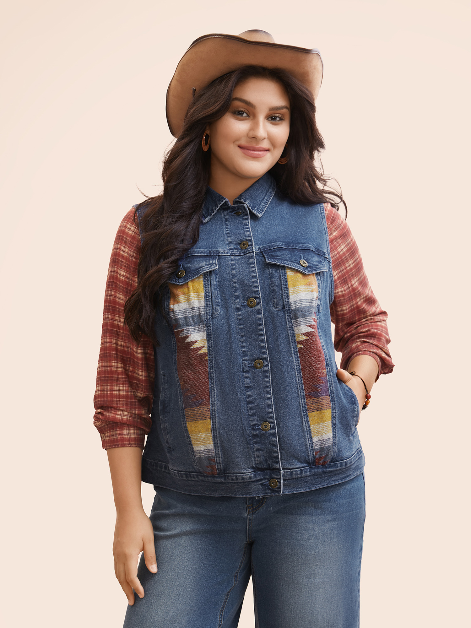 Women Stretch Denim Geometric Spilcing Pocket Jacket Midblue Plus Size Contrast Everyday Slanted pocket Elegant Denim Jackets BloomChic 18-20/2X 