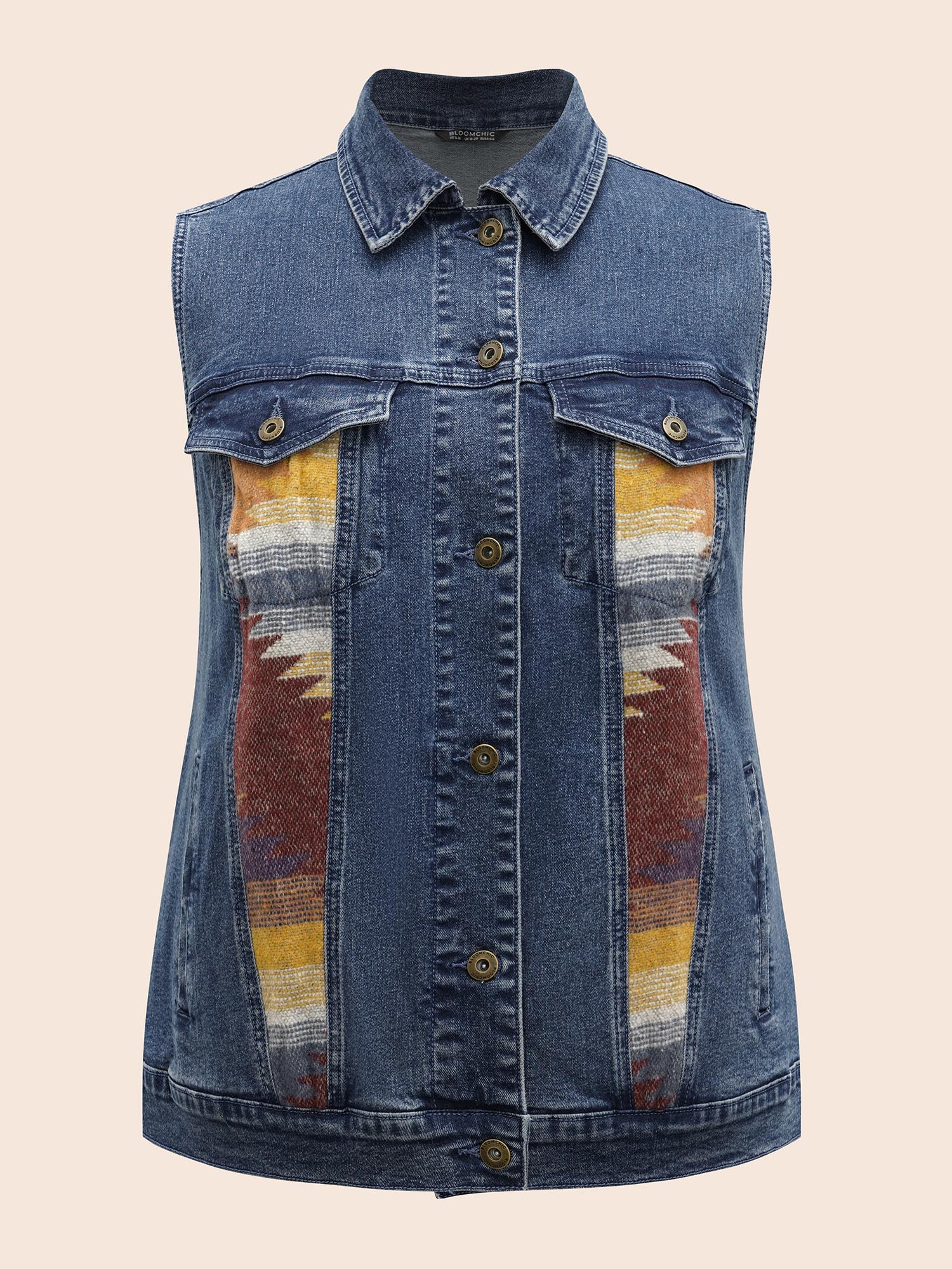 Women Stretch Denim Geometric Spilcing Pocket Jacket Midblue Plus Size Contrast Everyday Slanted pocket Elegant Denim Jackets BloomChic 18-20/2X 