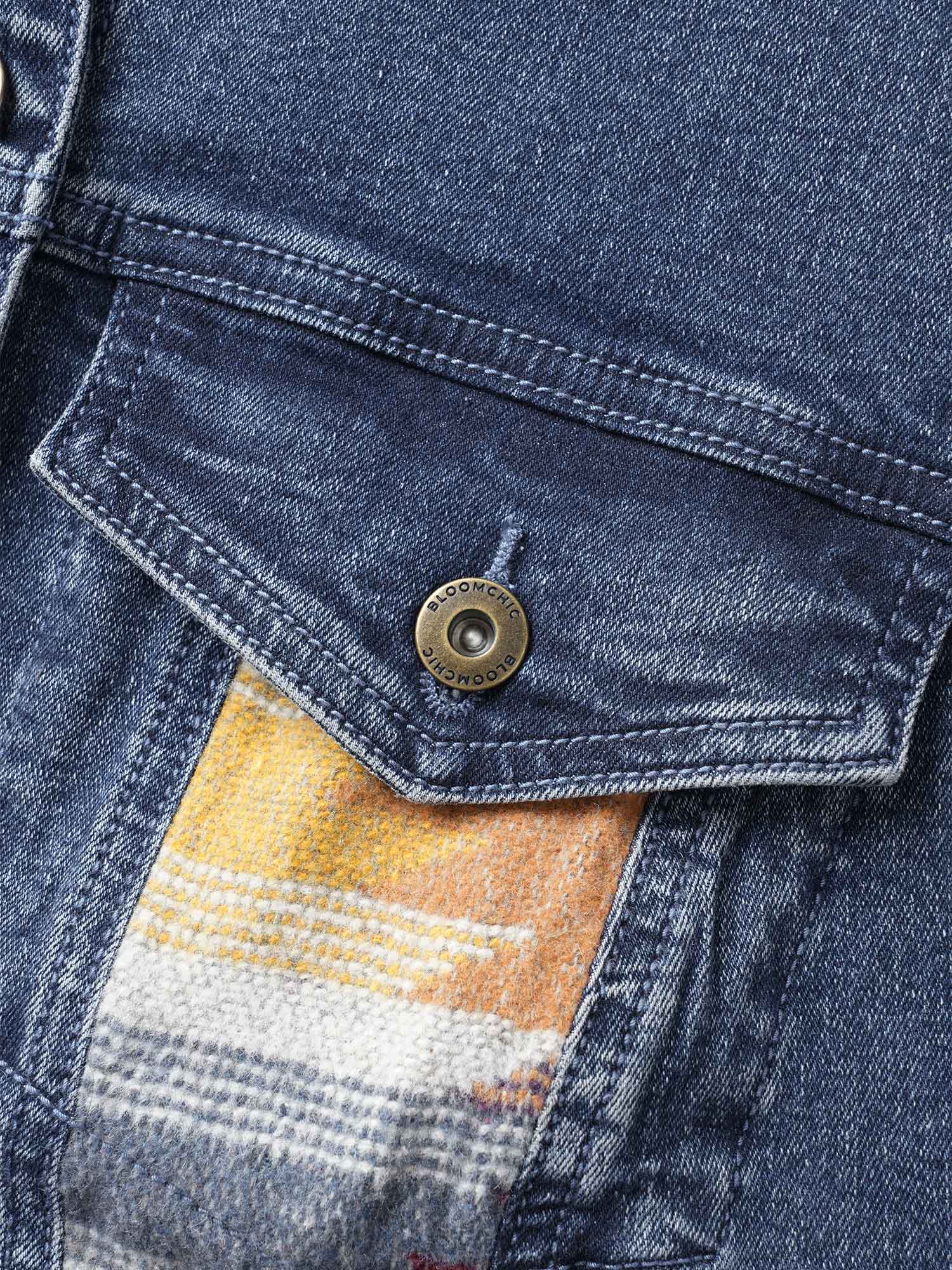 Women Stretch Denim Geometric Spilcing Pocket Jacket Midblue Plus Size Contrast Everyday Slanted pocket Elegant Denim Jackets BloomChic 18-20/2X 