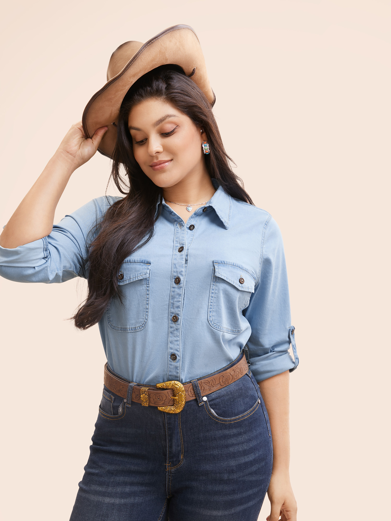 Women Stretch Denim Chest Pockets Jacket Denimblue Plus Size Button Everyday Patch pocket Casual Denim Jackets BloomChic 30/6X 