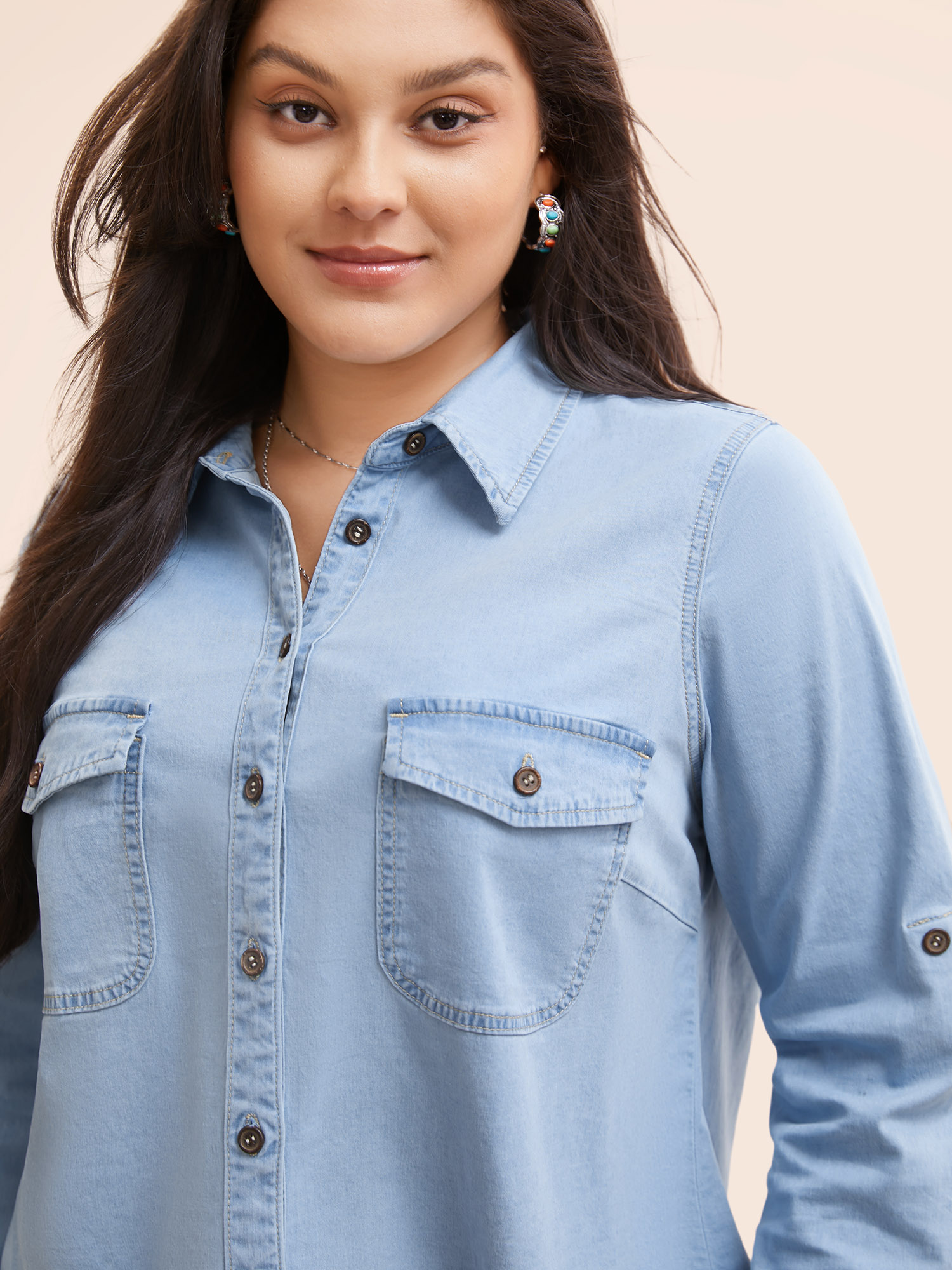 Women Stretch Denim Chest Pockets Jacket Denimblue Plus Size Button Everyday Patch pocket Casual Denim Jackets BloomChic 30/6X 