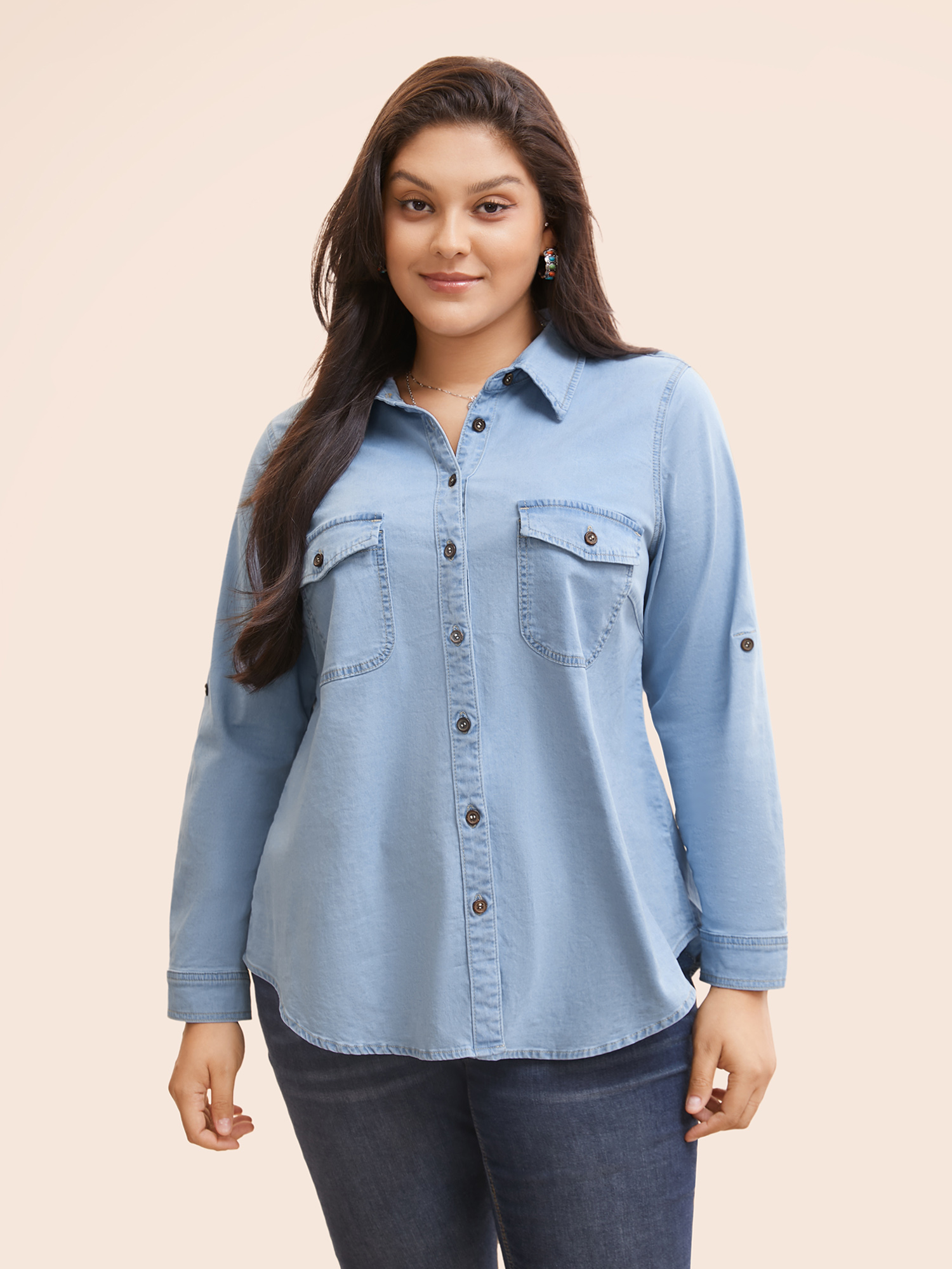 Women Stretch Denim Chest Pockets Jacket Denimblue Plus Size Button Everyday Patch pocket Casual Denim Jackets BloomChic 30/6X 