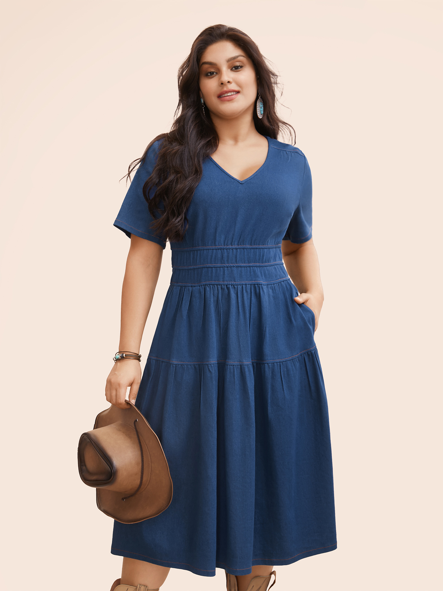 

Plus Size Stretch Denim Pockets Tiered Midi Dress DarkBlue Women Resort Topstitching V-neck Short sleeve Curvy BloomChic