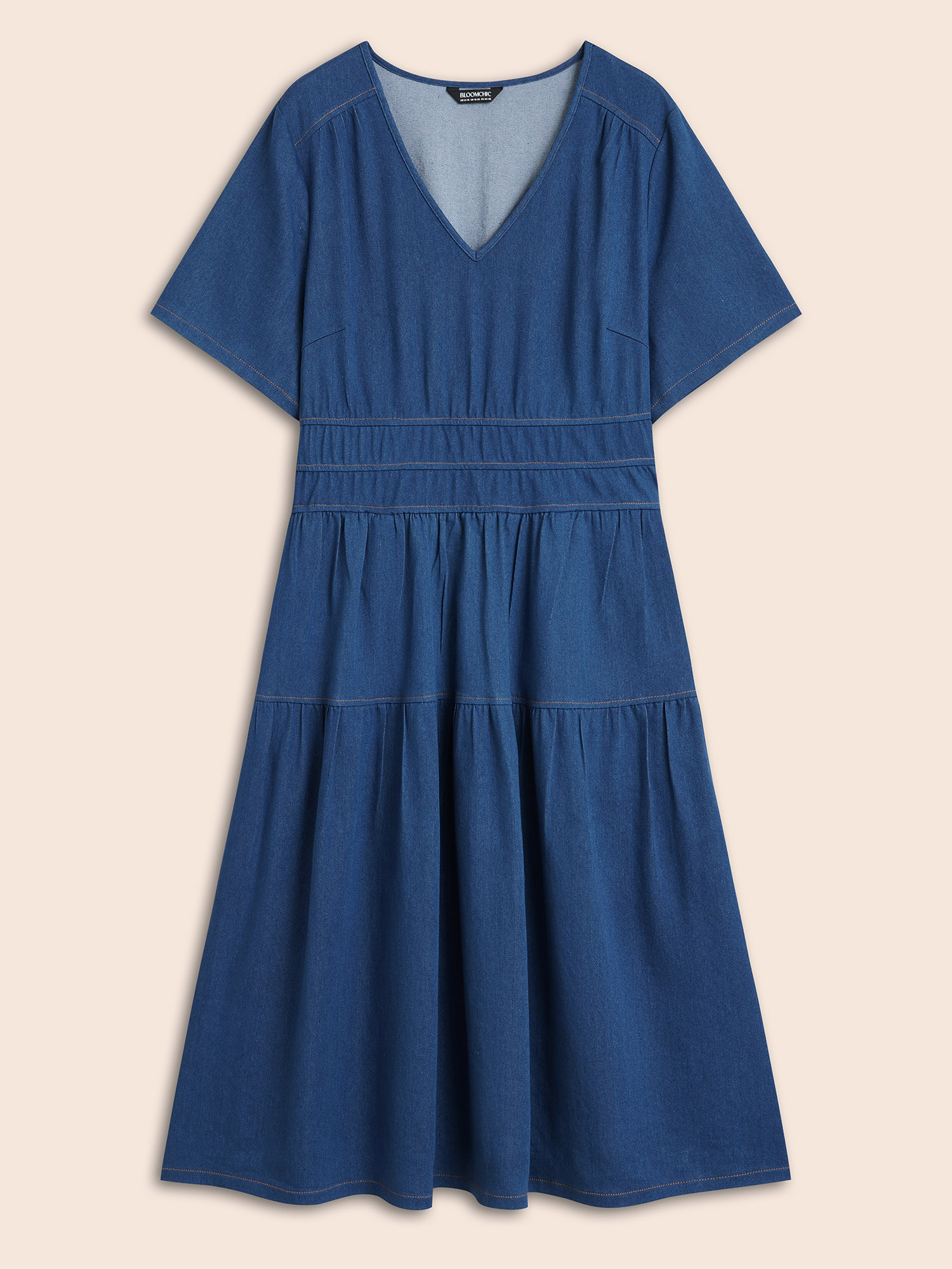 Plus Size Stretch Denim Pockets Tiered Midi Dress DarkBlue Women Resort Topstitching V-neck Short sleeve Curvy BloomChic 26/4X 