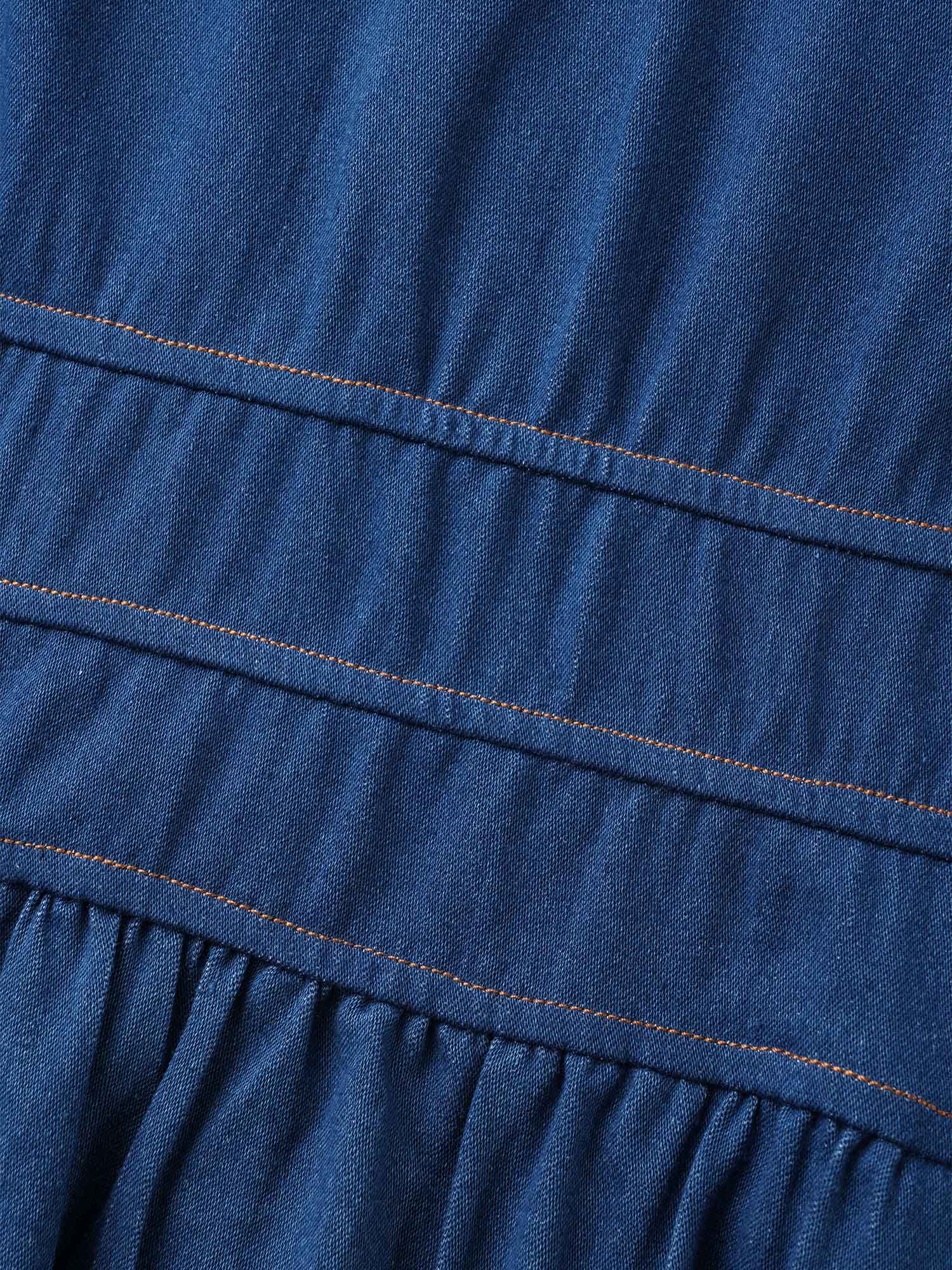 Plus Size Stretch Denim Pockets Tiered Midi Dress DarkBlue Women Resort Topstitching V-neck Short sleeve Curvy BloomChic 26/4X 