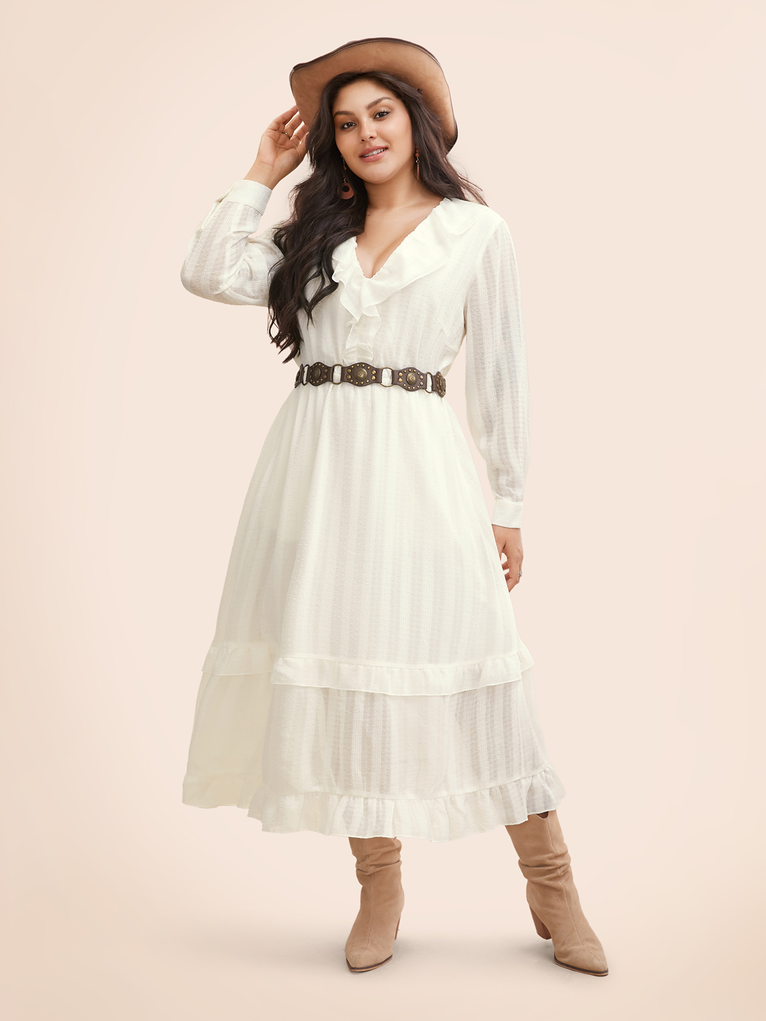 

Plus Size Chiffon Lotus Leaf Collar Tiered Midi Dress Ivory Women Resort Texture V-neck Long Sleeve Curvy BloomChic