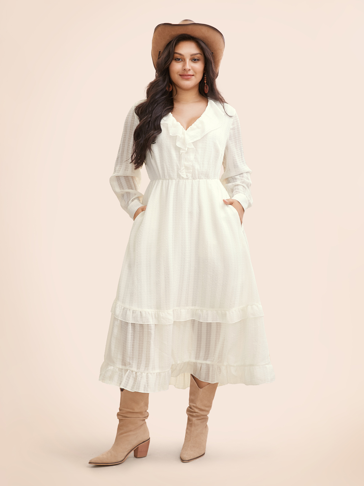 Plus Size Chiffon Lotus Leaf Collar Tiered Midi Dress Ivory Women Resort Texture V-neck Long Sleeve Curvy BloomChic 18-20/2X 