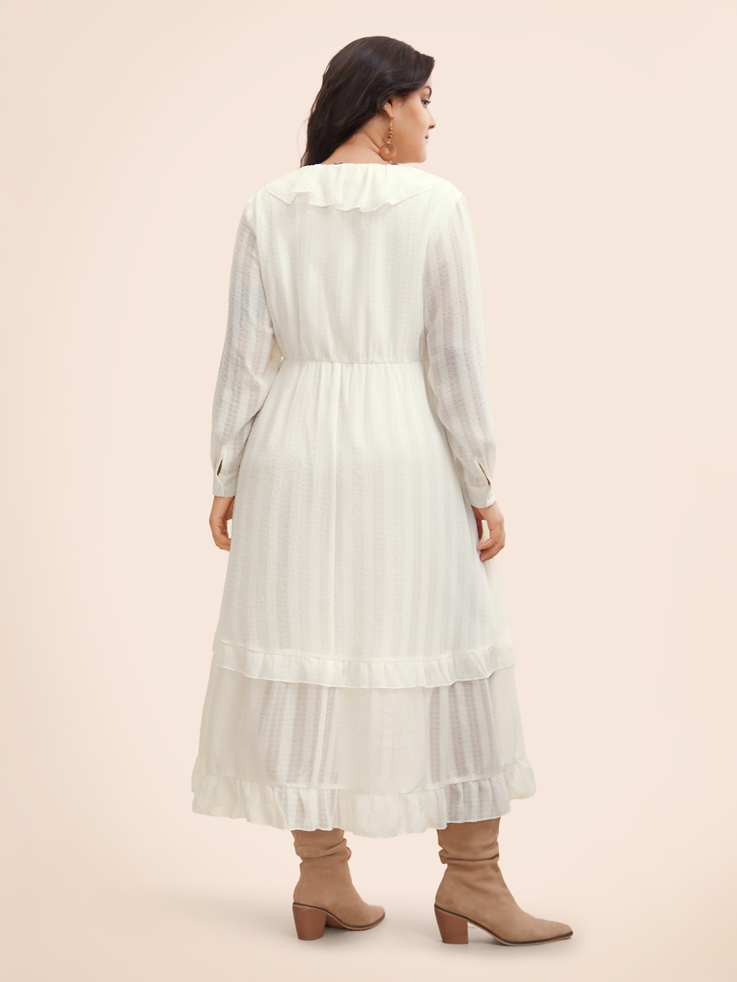 Plus Size Chiffon Lotus Leaf Collar Tiered Midi Dress Ivory Women Resort Texture V-neck Long Sleeve Curvy BloomChic 18-20/2X 