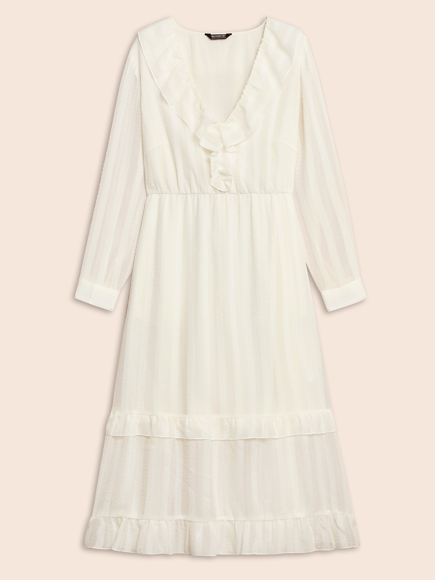 Plus Size Chiffon Lotus Leaf Collar Tiered Midi Dress Ivory Women Resort Texture V-neck Long Sleeve Curvy BloomChic 18-20/2X 