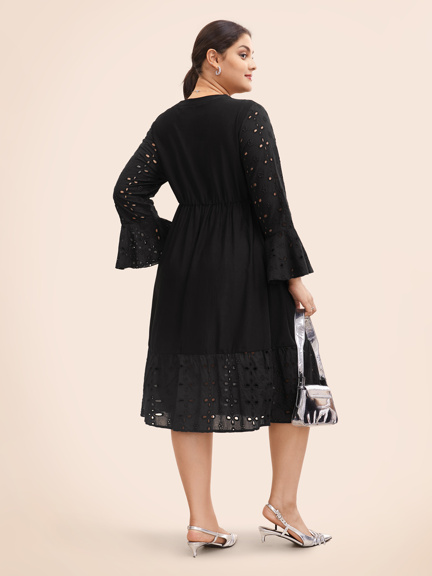 

Plus Size Embroidered Flare Cuffs Midi Dress Black Women Resort Woven ribbon&lace trim Notched collar Long Sleeve Curvy BloomChic