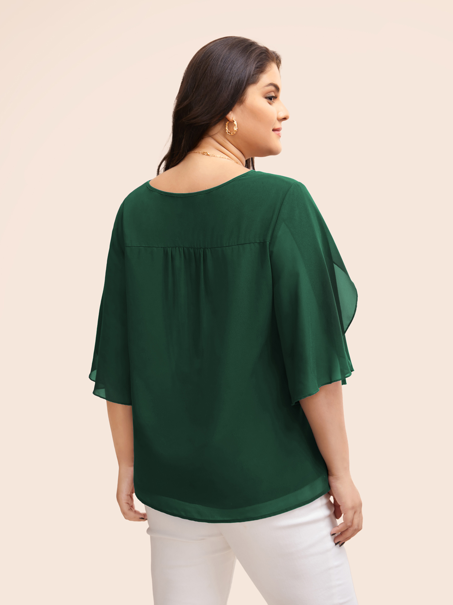 

Plus Size DarkGreen Chiffon Gathered Petal Sleeve Blouse Women Elegant Elbow-length sleeve V-neck Everyday Blouses BloomChic