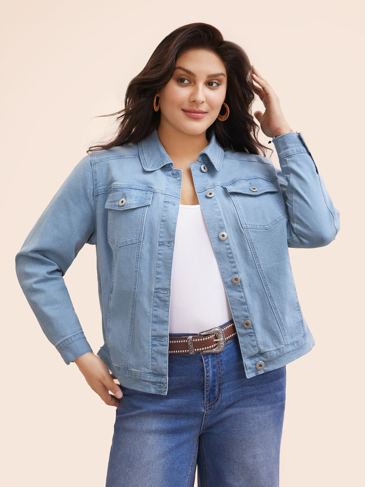 

Women Stretch Denim Hourglass-Fit Jacket Denimblue Plus Size Button Everyday Casual Denim Jackets BloomChic