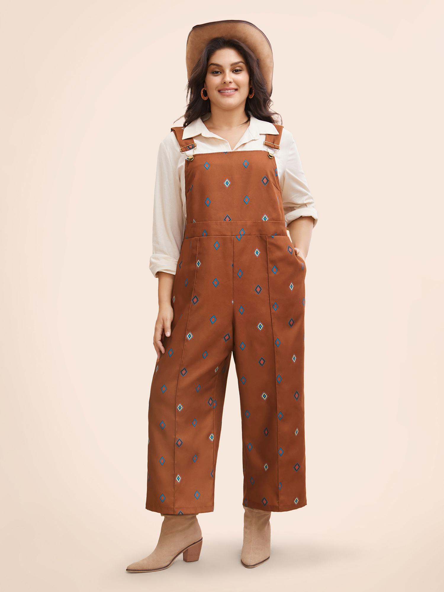Plus Size Browncoffeecolor Geometric Print Adjustable Straps Overall Women Resort Sleeveless Non Vacation Loose Jumpsuits BloomChic 28/5X 