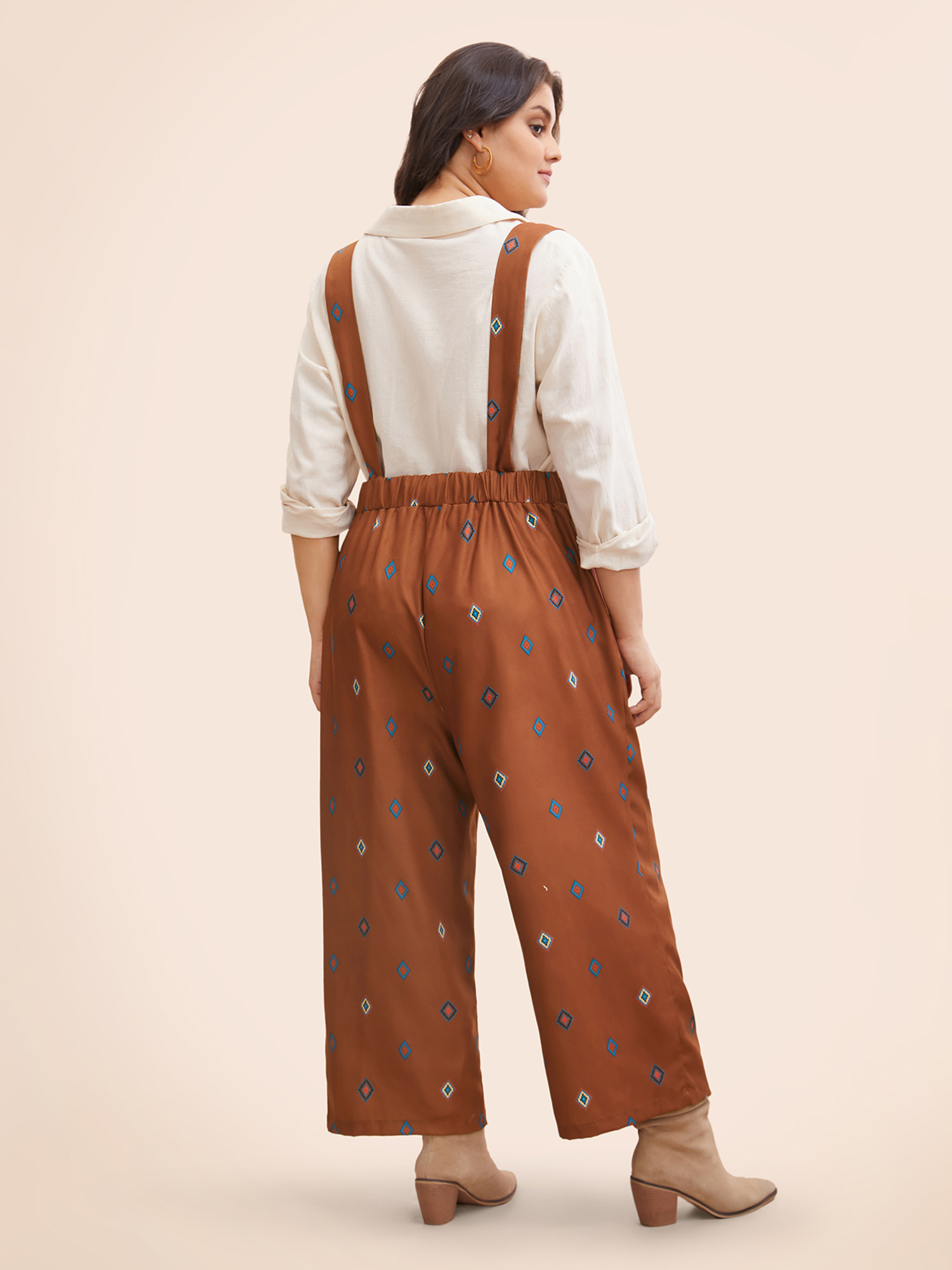 Plus Size Browncoffeecolor Geometric Print Adjustable Straps Overall Women Resort Sleeveless Non Vacation Loose Jumpsuits BloomChic 28/5X 