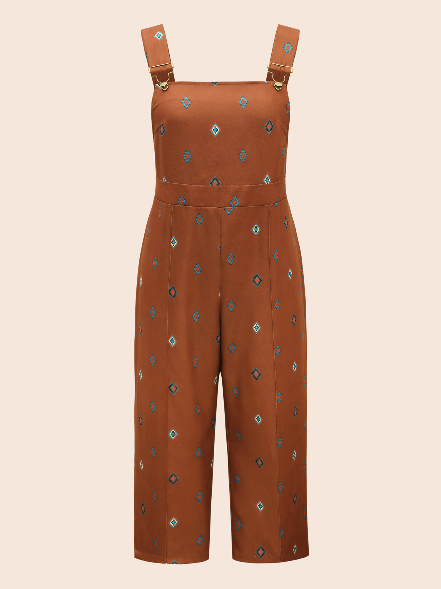 Plus Size Browncoffeecolor Geometric Print Adjustable Straps Overall Women Resort Sleeveless Non Vacation Loose Jumpsuits BloomChic 28/5X 