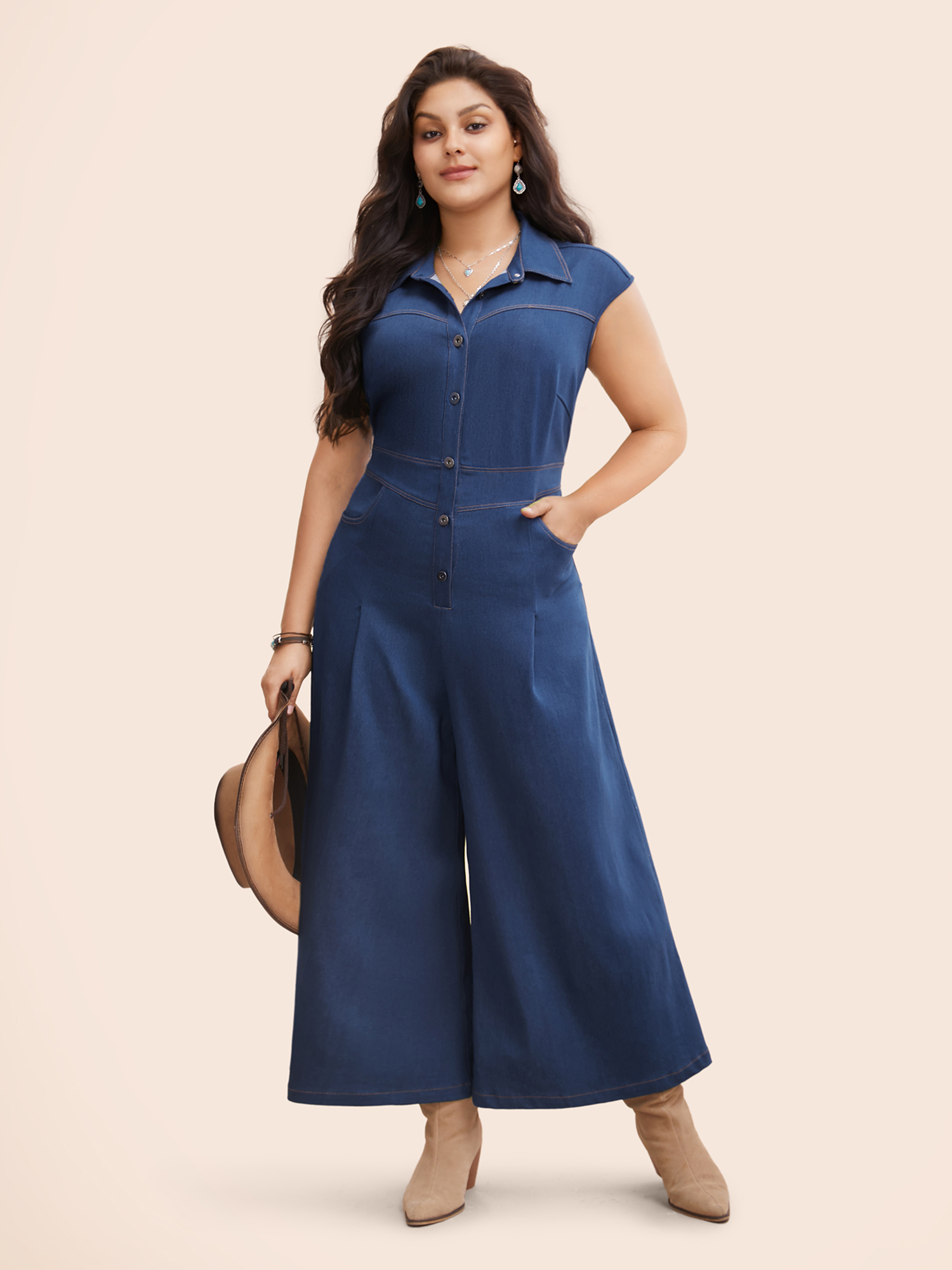 

Plus Size Stretch Denim Seamed Flare Jumpsuit Midblue Women Button Medium stretch Vacation Patch pocket Resort Denim Jumpsuits BloomChic