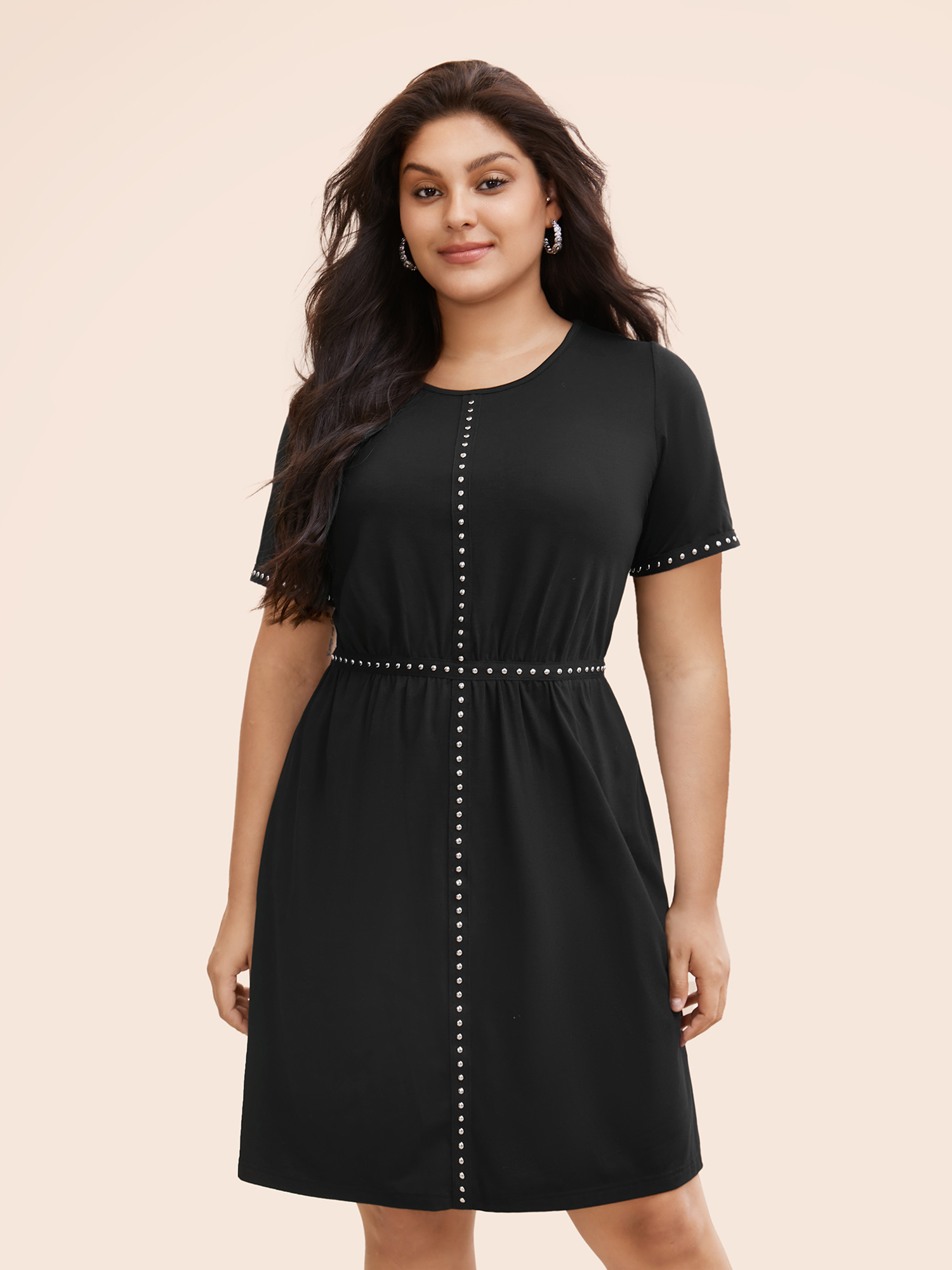 

Plus Size Stud Woven Pockets Midi Dress Black Women Resort Gathered Round Neck Short sleeve Curvy BloomChic