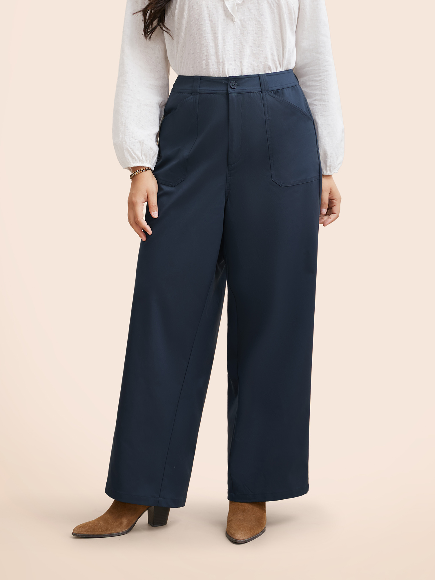 

Plus Size Solid Buttoned Zipper Wide Leg Pants Women Indigo Casual Wide Leg Mid Rise Everyday Pants BloomChic