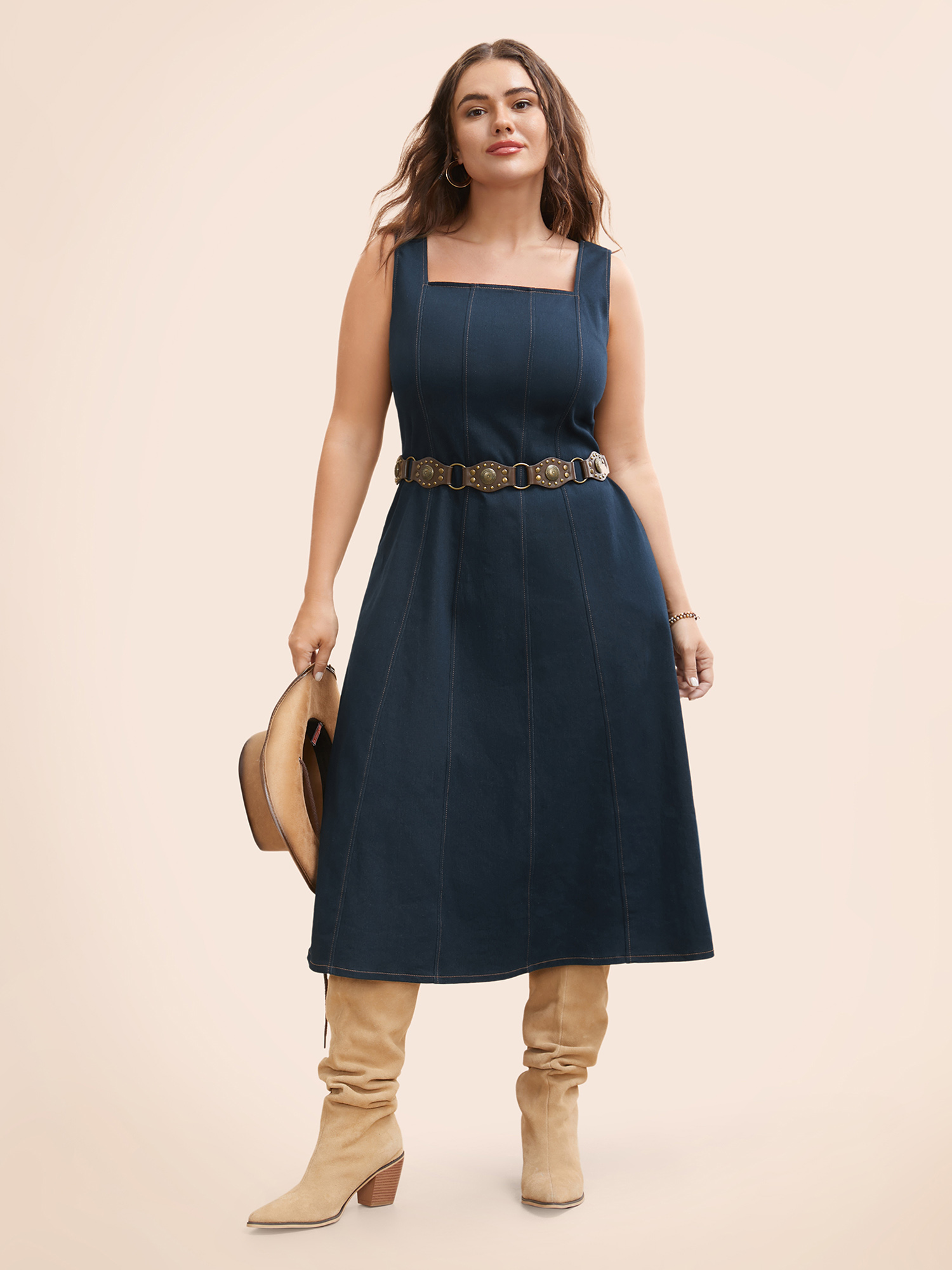 

Plus Size Stretch Denim Panelled Bodice Midi Dress DarkBlue Women Resort Topstitching Square Neck Sleeveless Curvy BloomChic