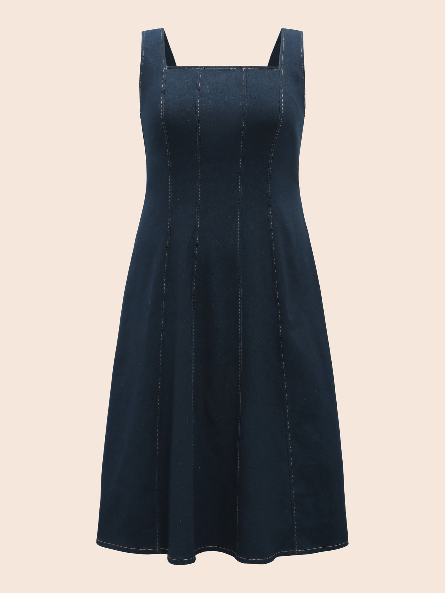 

Plus Size Stretch Denim Panelled Bodice Midi Dress DarkBlue Women Resort Topstitching Square Neck Sleeveless Curvy BloomChic