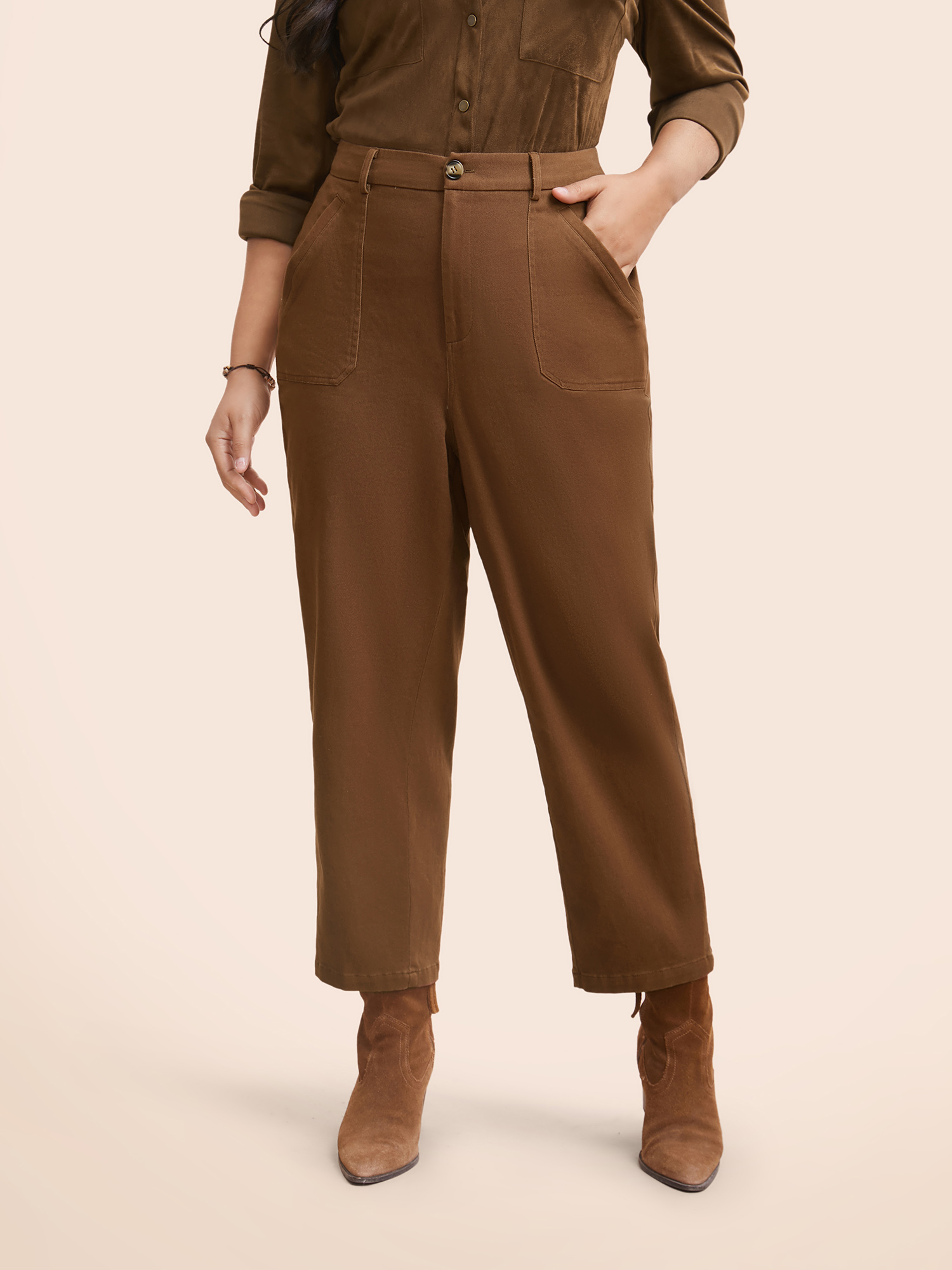 

Plus Size Stretch Twill Slim-Fit Straight Pants Women Browncoffeecolor Casual Straight Leg Mid Rise Everyday Pants BloomChic