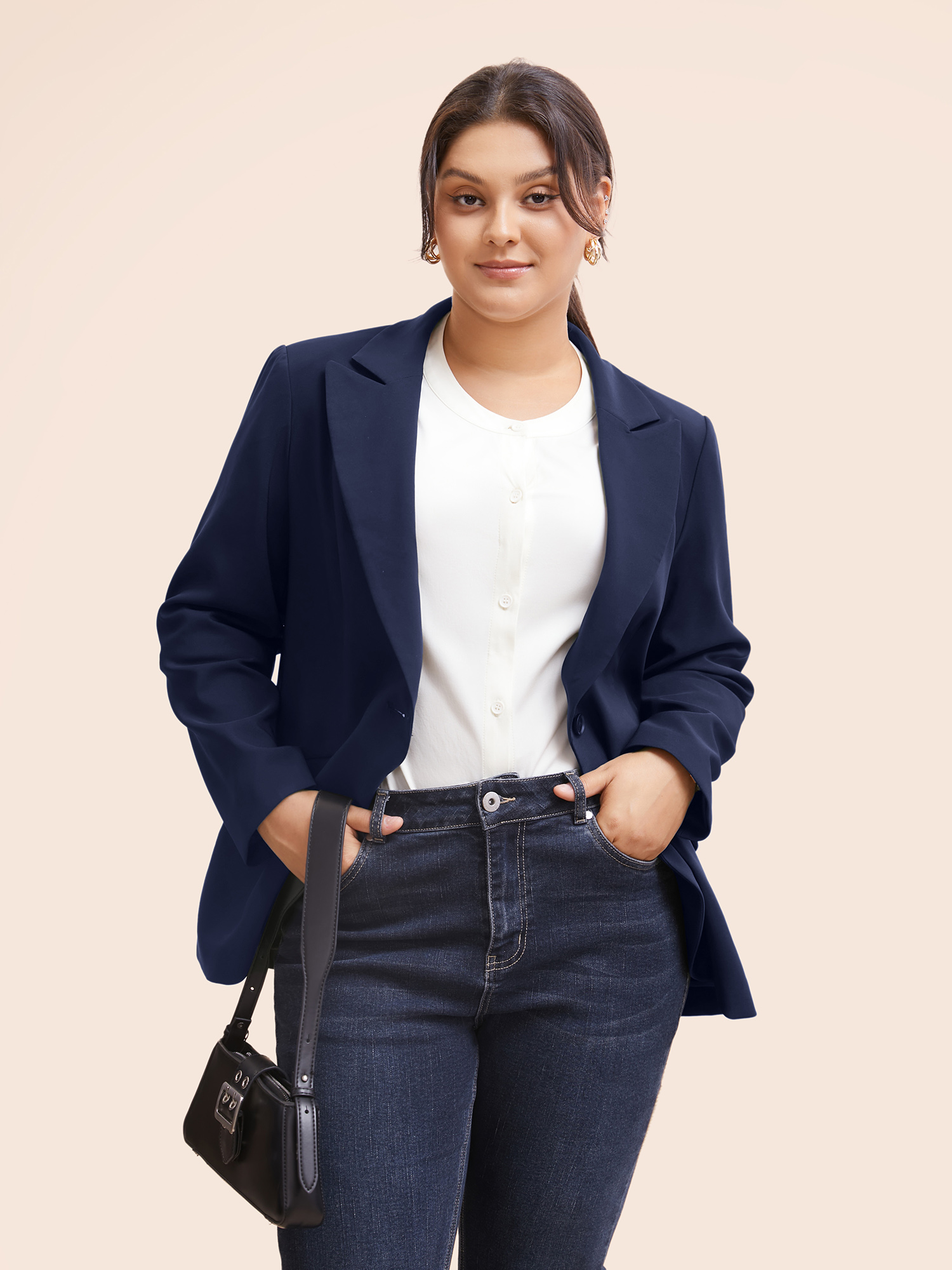 

Plus Size Stretch Woven Pocket Slim-Fit Blazer Indigo Women Work Button Sleeve Extra Long Sleeve Suit Collar  Open pocket with flap At the Office Blazers BloomChic