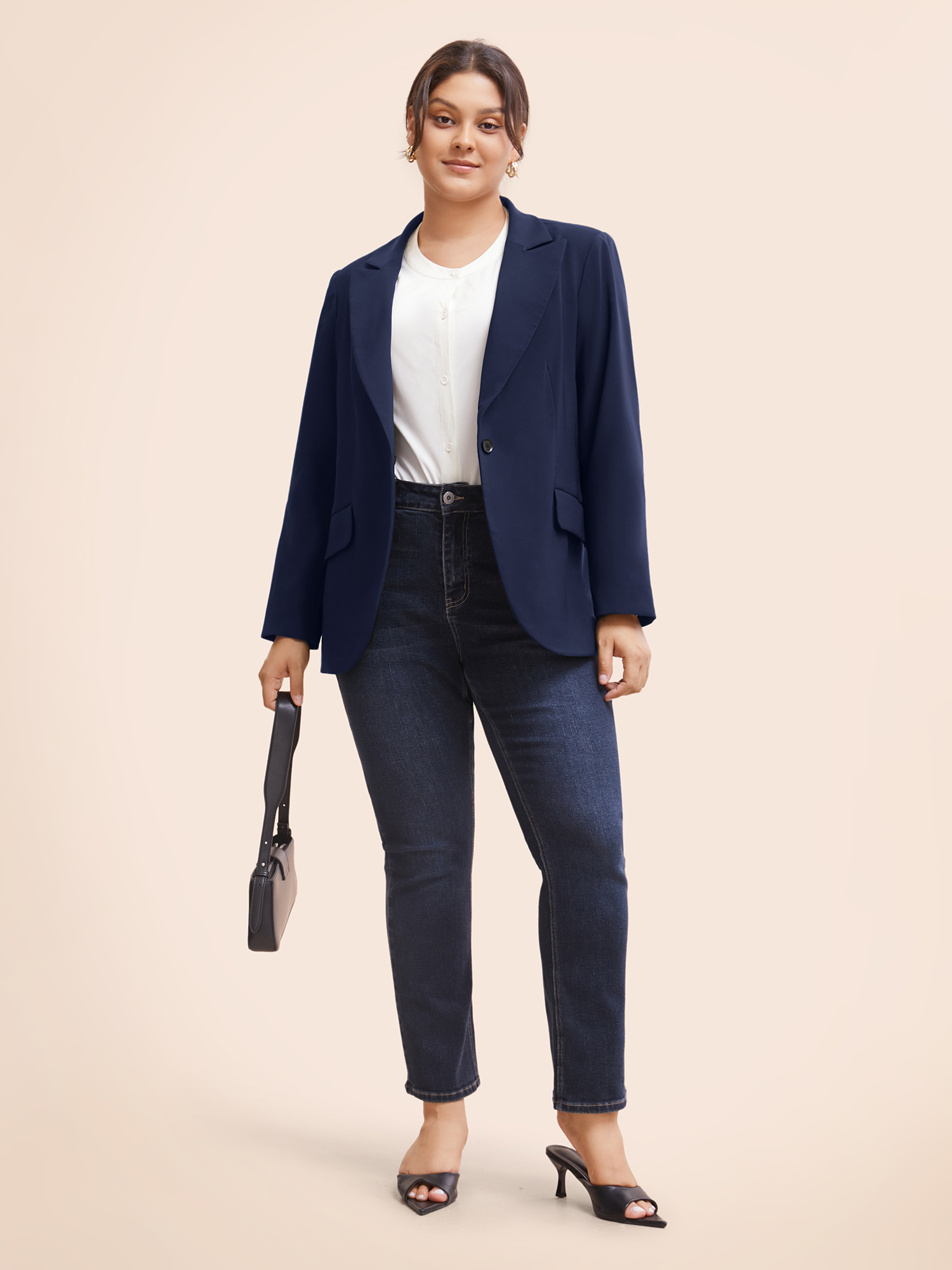 

Plus Size Stretch Woven Pocket Slim-Fit Blazer Indigo Women Work Button Sleeve Extra Long Sleeve Suit Collar  Open pocket with flap At the Office Blazers BloomChic